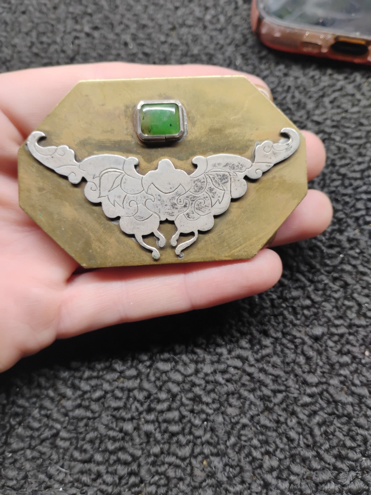 Vintage Western Belt Buckle Green Stone Two Tone Engraved Boho Southwest