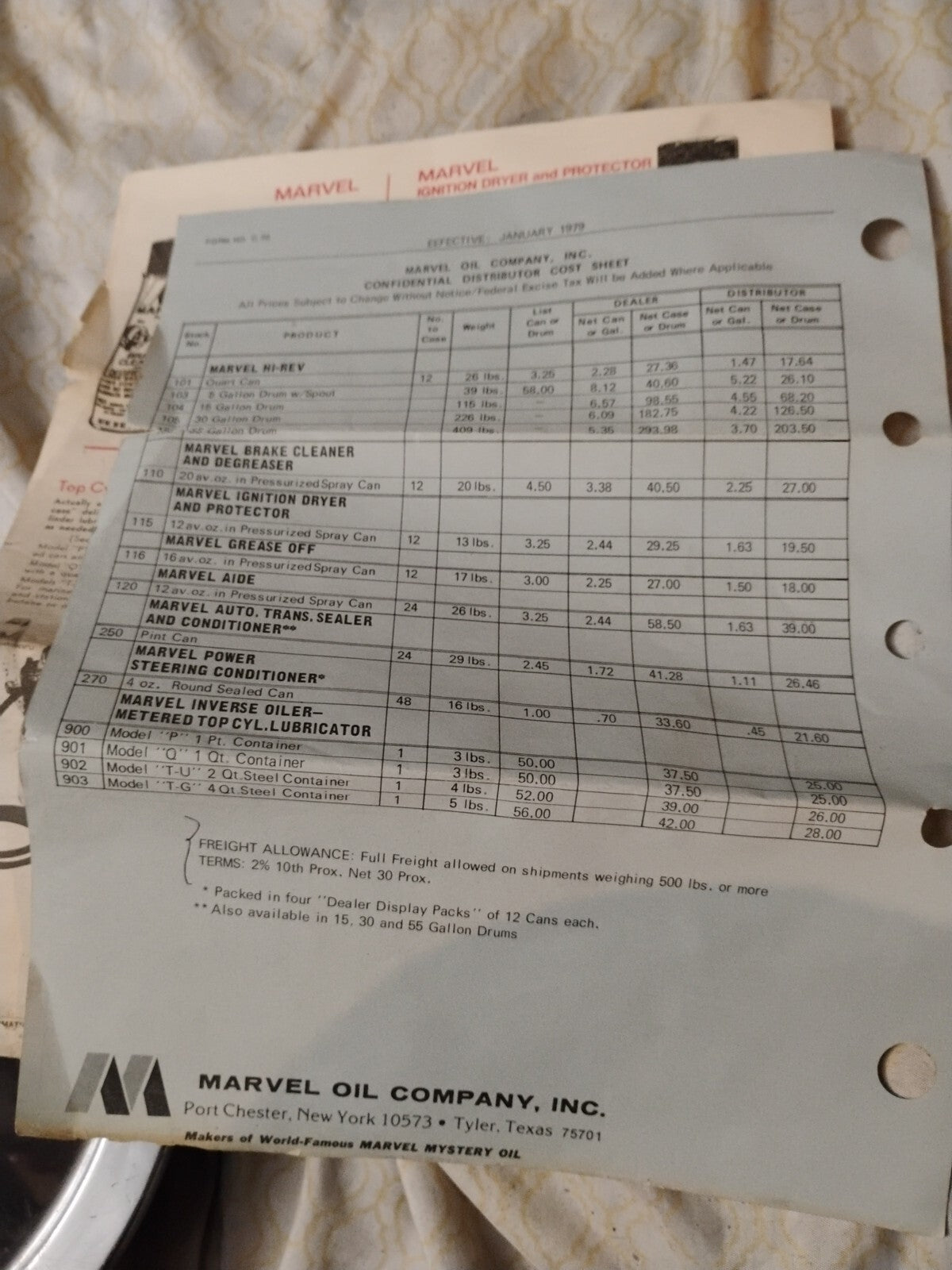 1979 Marvel Mystery Oil Sales Ad And Price Sheet
