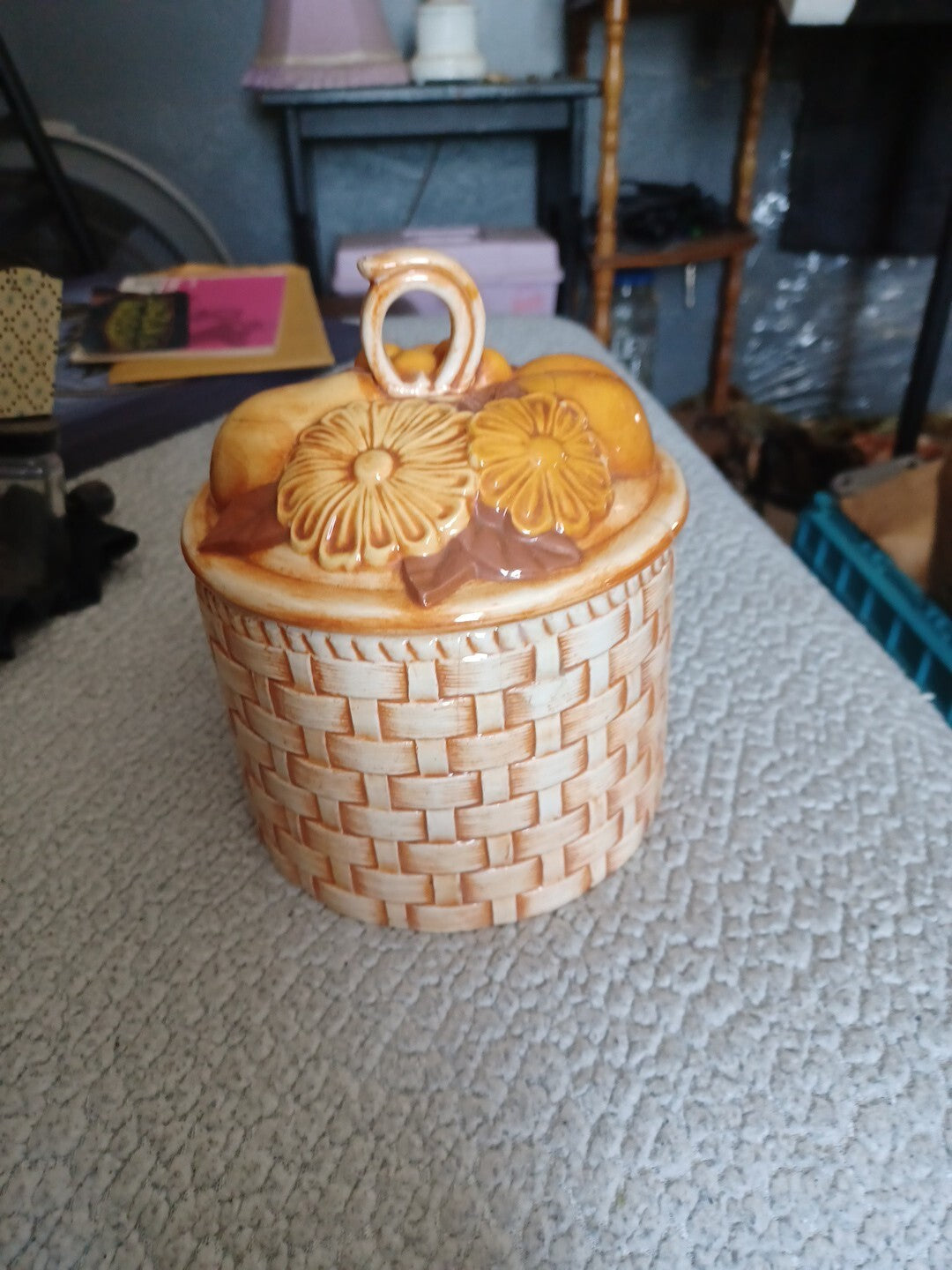 Vintage Hand Painted Ceramic Canister Fruit And Flower Lid Basket Weave, 6" 70’s
