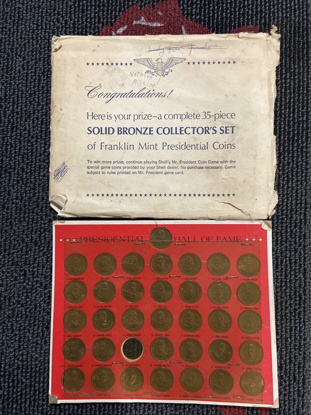The Franklin Mint 1968 Presidential Hall of Fame Collector's Set 35 Bronze Coins