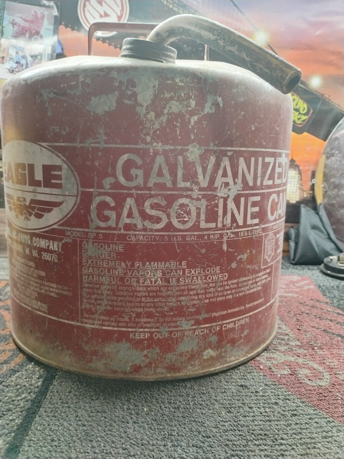Vtg Eagle Galvonized Gasoline Can 5 Gallon Model SP 5 Red Metal With Spout 