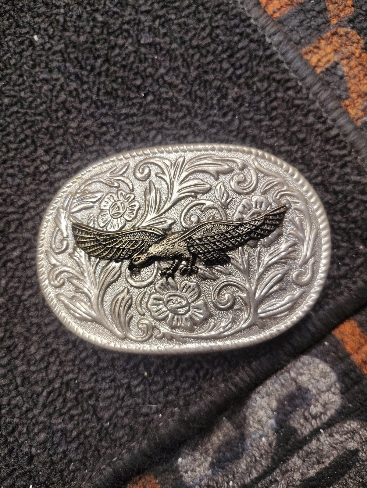 Vintage Flying Eagle Western Belt Buckle Engraved Floral Silver Tone