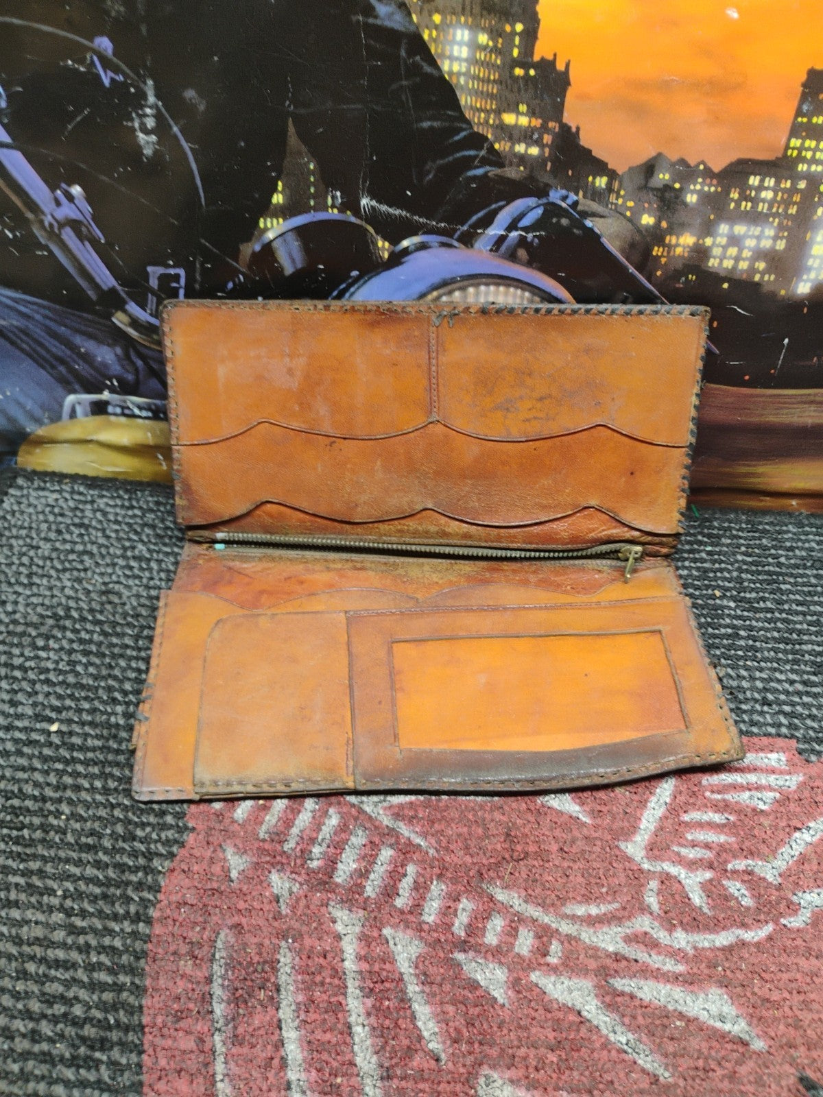 Vintage Mexican Leather checkbook, wallet Aztec design