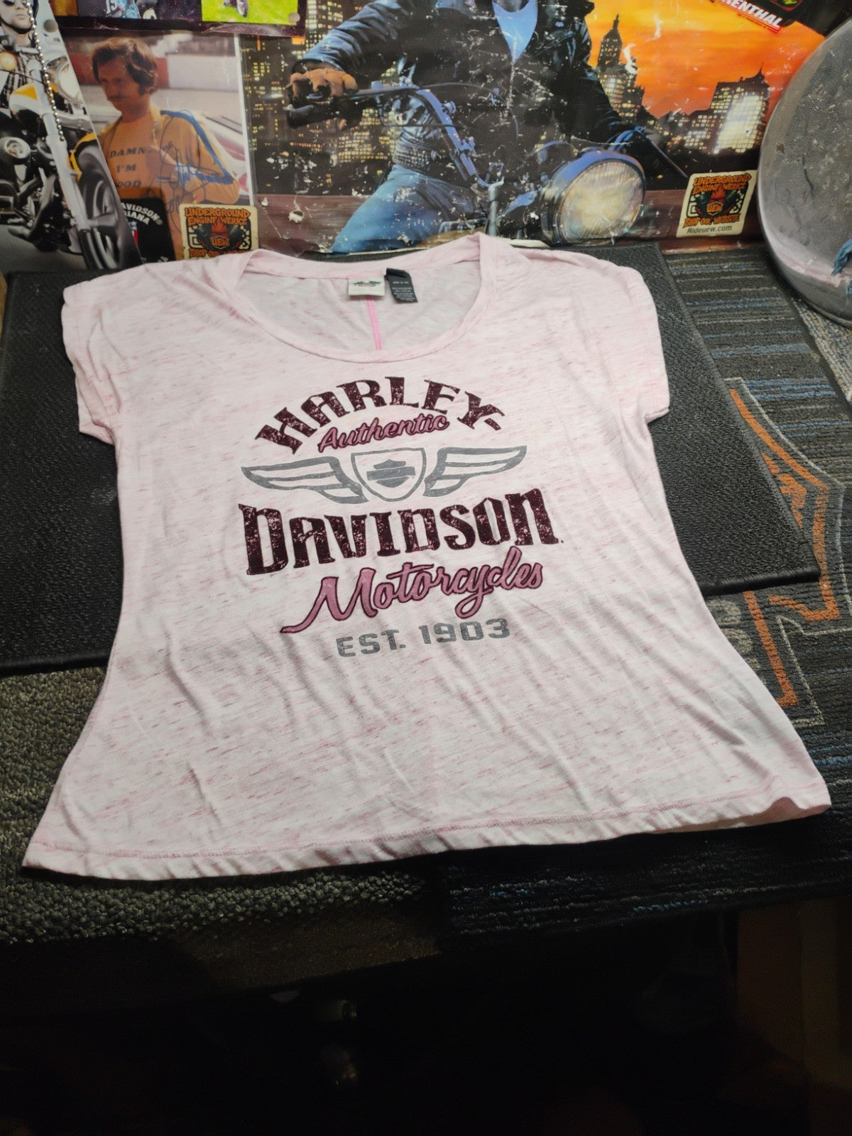 Harley-Davidson Women's Medium Pink Marled Dolman Sleeve T-Shirt Graphic Tee