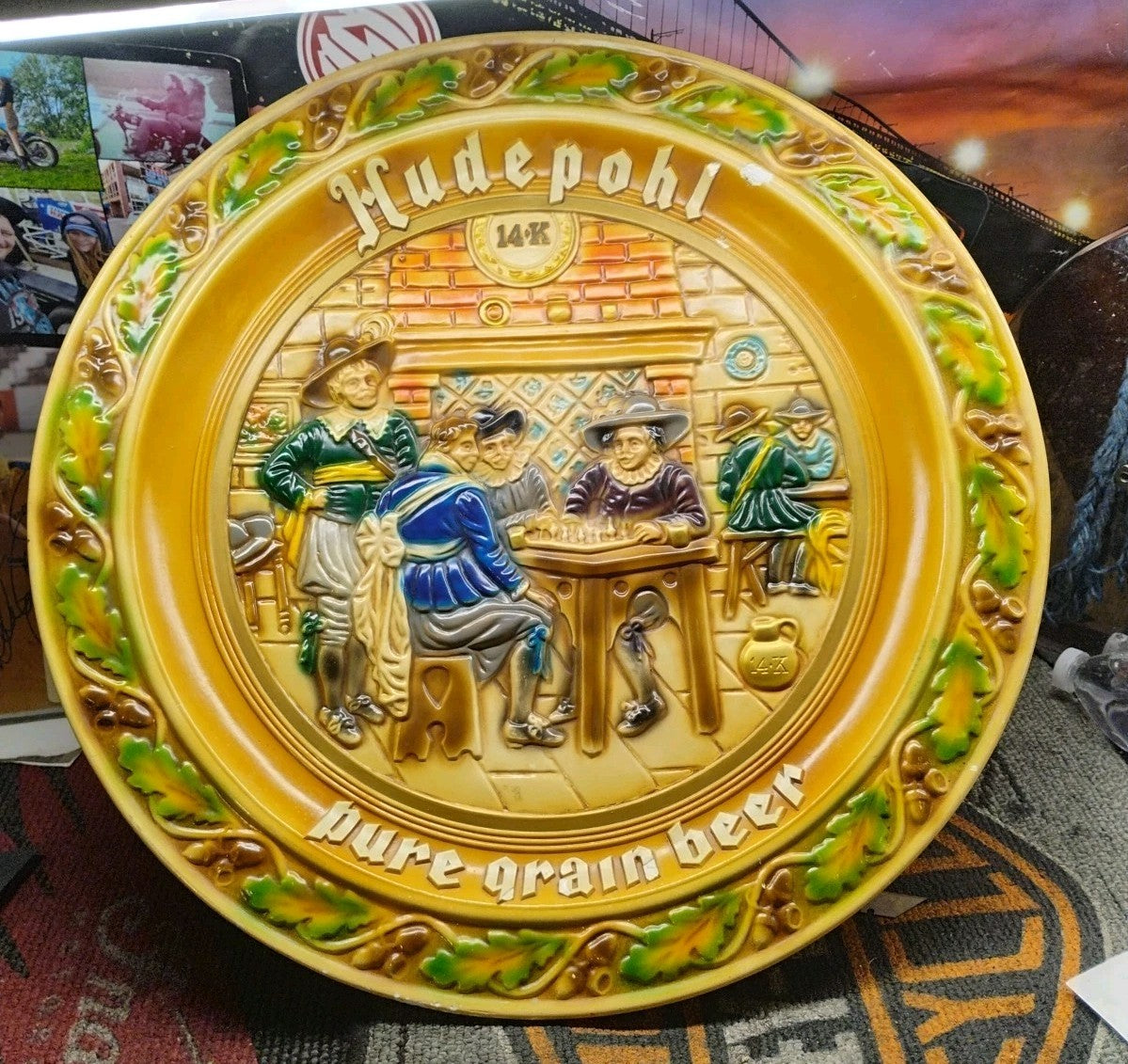 Vintage 21” Hudepohl Pure Grain Beer Chalkware Sign