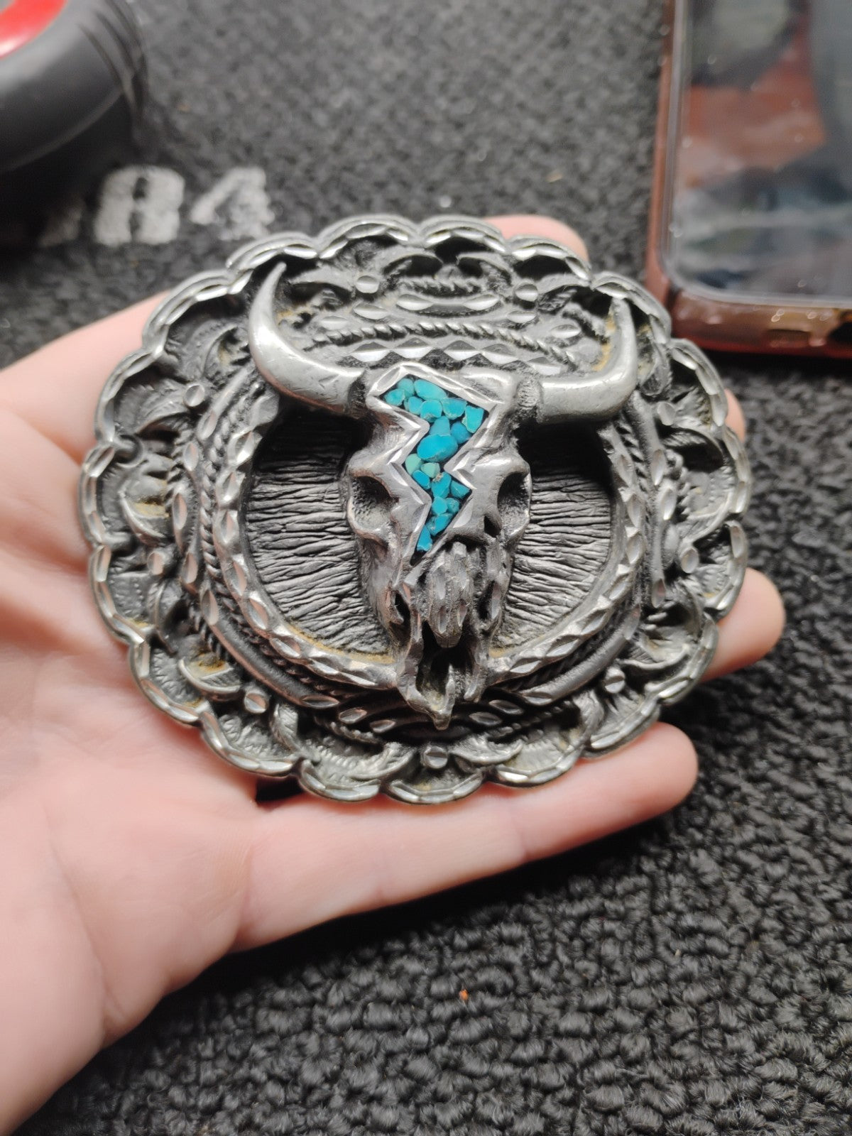 Vintage EGE 1995 Pewter Longhorn Skull Turquoise Western Belt Buckle