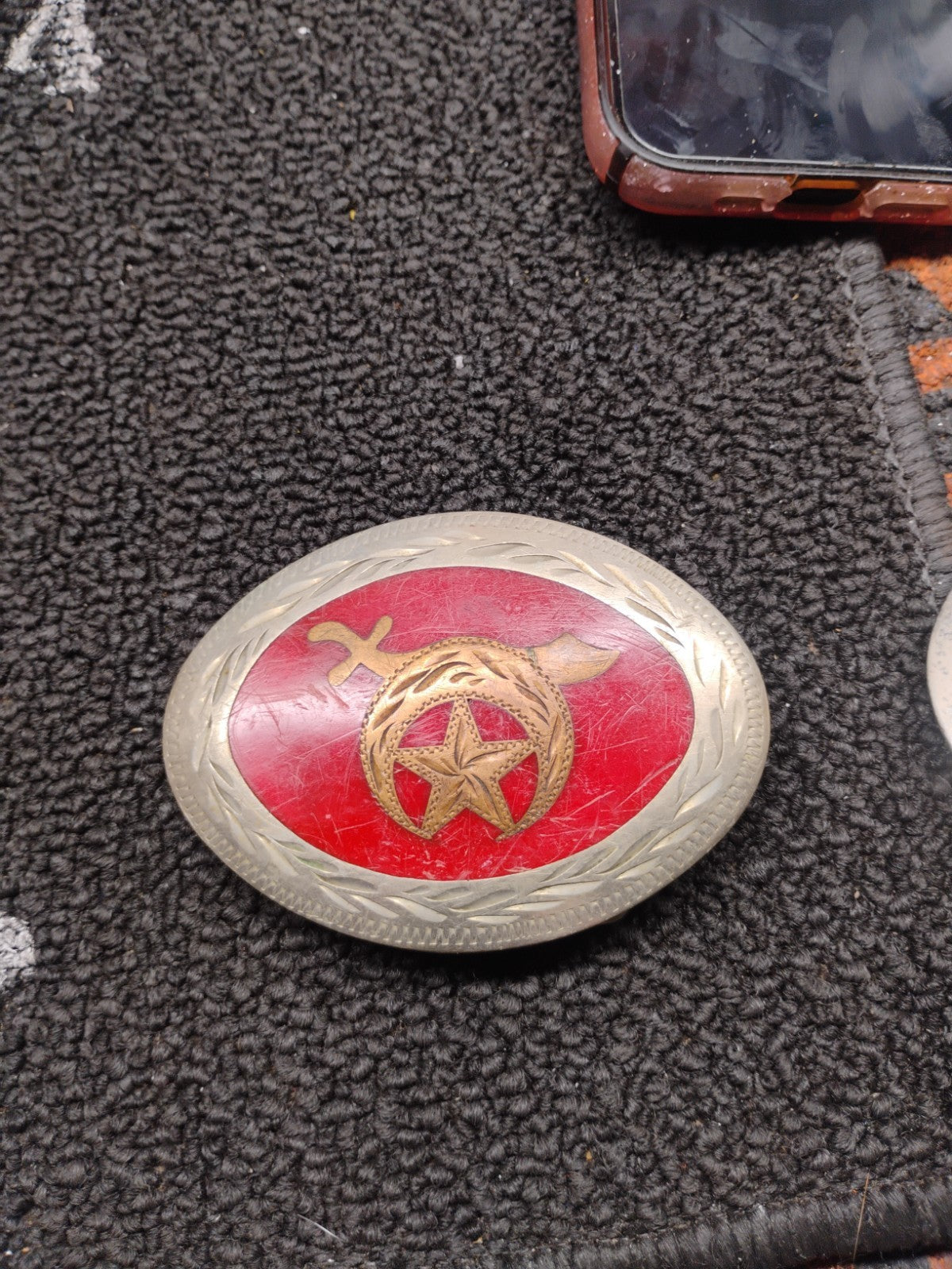 Vintage Shriners Masonic Western Belt Buckle Red Enamel Star Crescent
