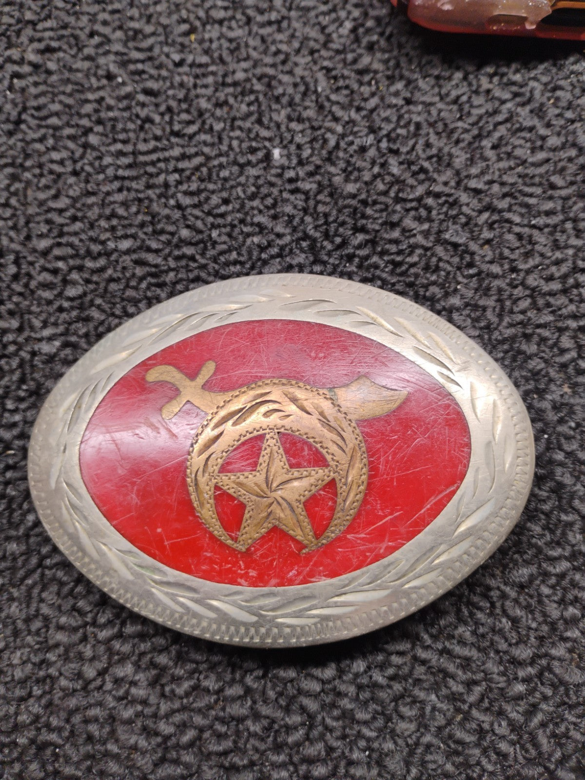 Vintage Shriners Masonic Western Belt Buckle Red Enamel Star Crescent