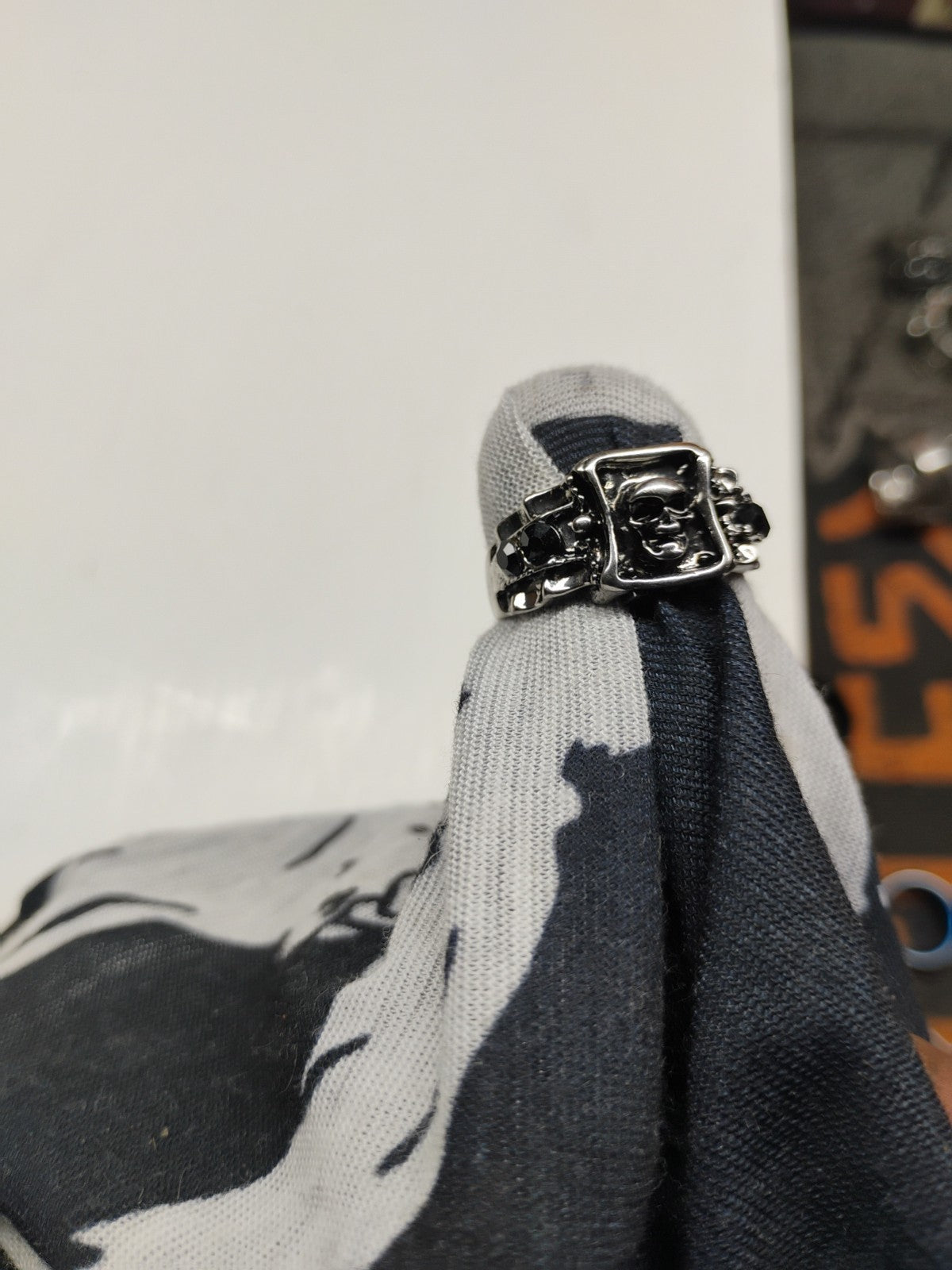 Black stones skull silver tone rings size 9 size punk Gothic biker