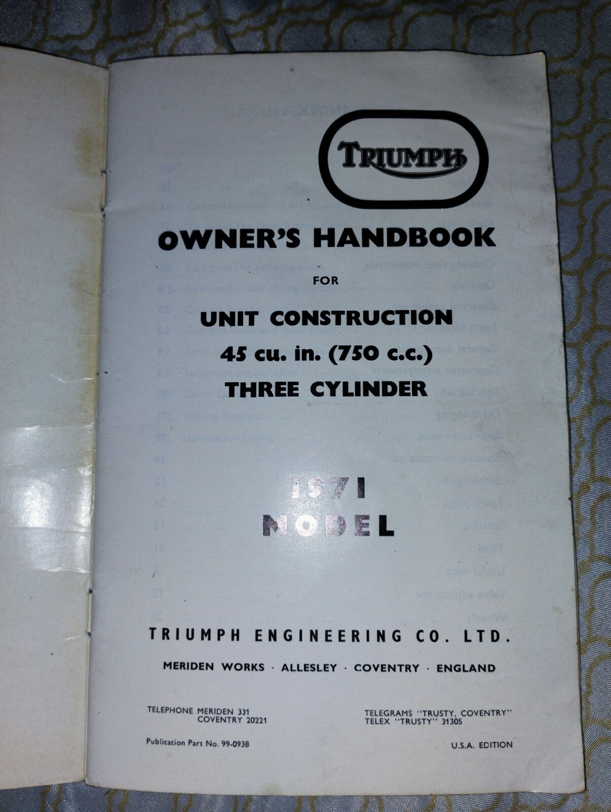 Triumph Owner's Handbook 1971 Models 750CC Triple Trident T150 orig USA Model 
