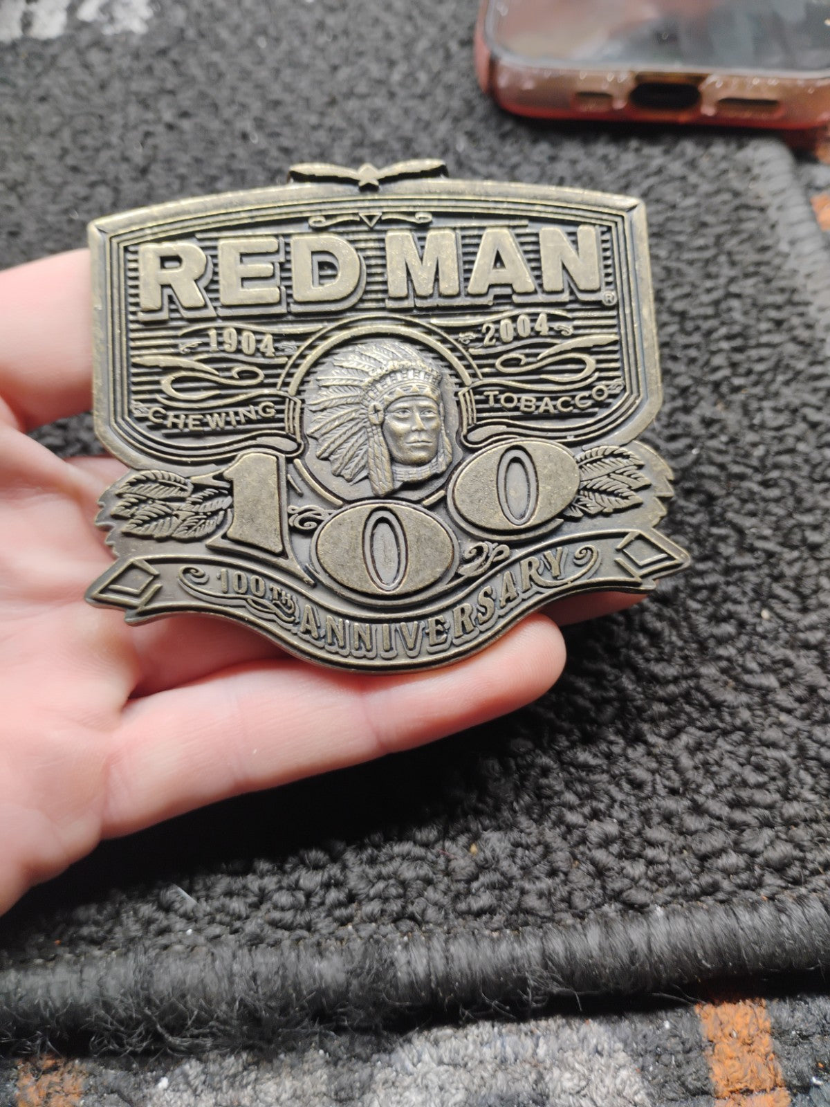 Vintage Red Man Tobacco 100th Anniversary Belt Buckle 1904-2004