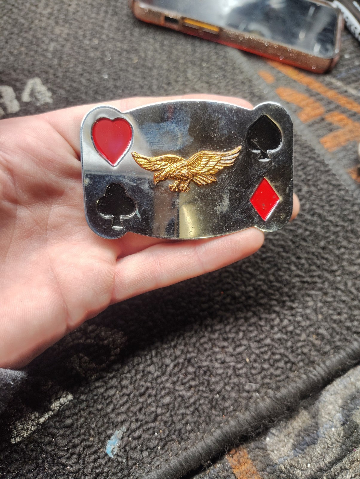 Vintage Playing Card Belt Buckle Eagle Hearts Clubs Spades Diamonds