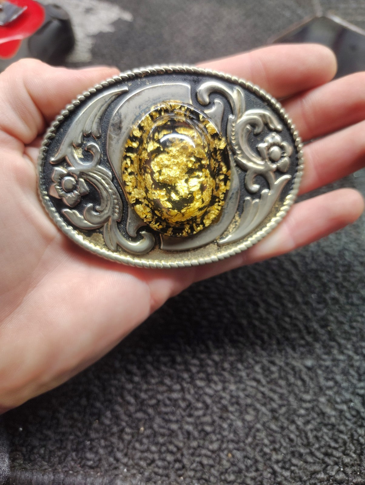 Vintage Western Belt Buckle Silver Tone Gold Nugget Cabochon Oval