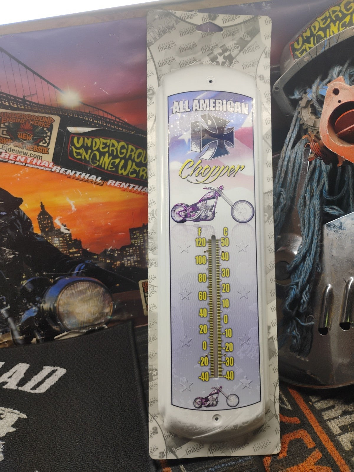 17" All American Chopper Motorcycle Iron Cross Thermometer NEW IN PACKAGE 