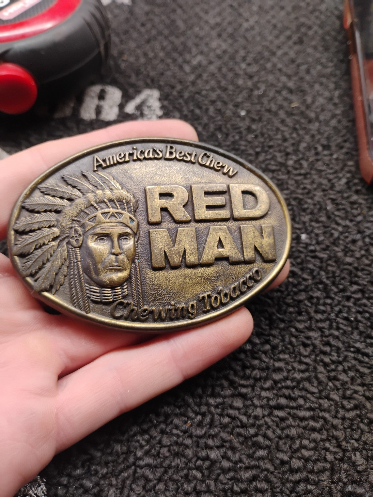 Vintage Red Man Chewing Tobacco Belt Buckle Brass Tone Advertising