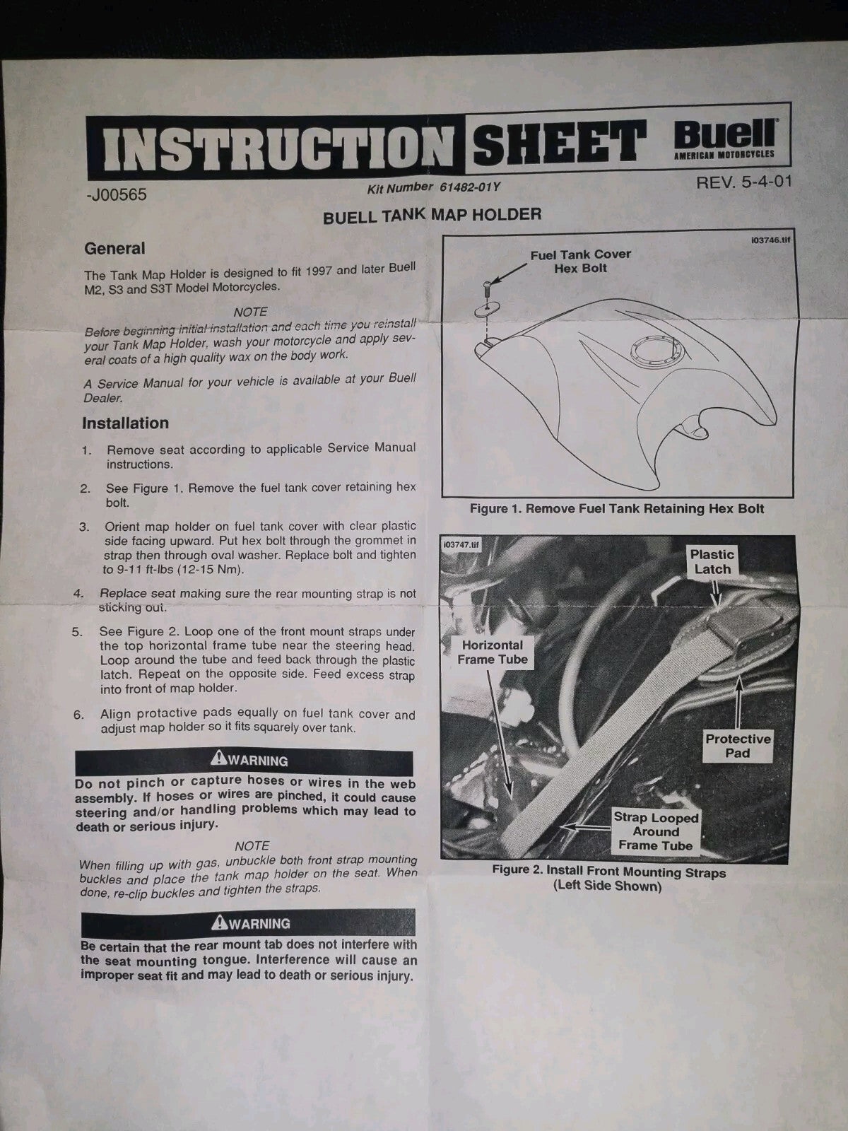HARLEY DAVIDSON BUELL TANK MAP HOLDER P/N# 61482-01Y And Rain Cover