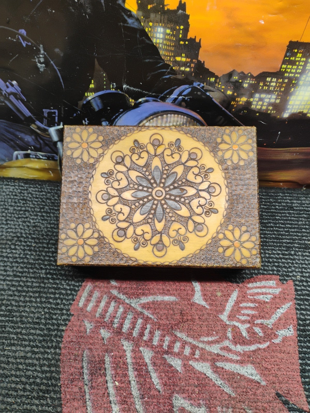 Vintage Polish Pyrography Wood Burned Folk Art Box Hinged Lid- Medallion Pattern