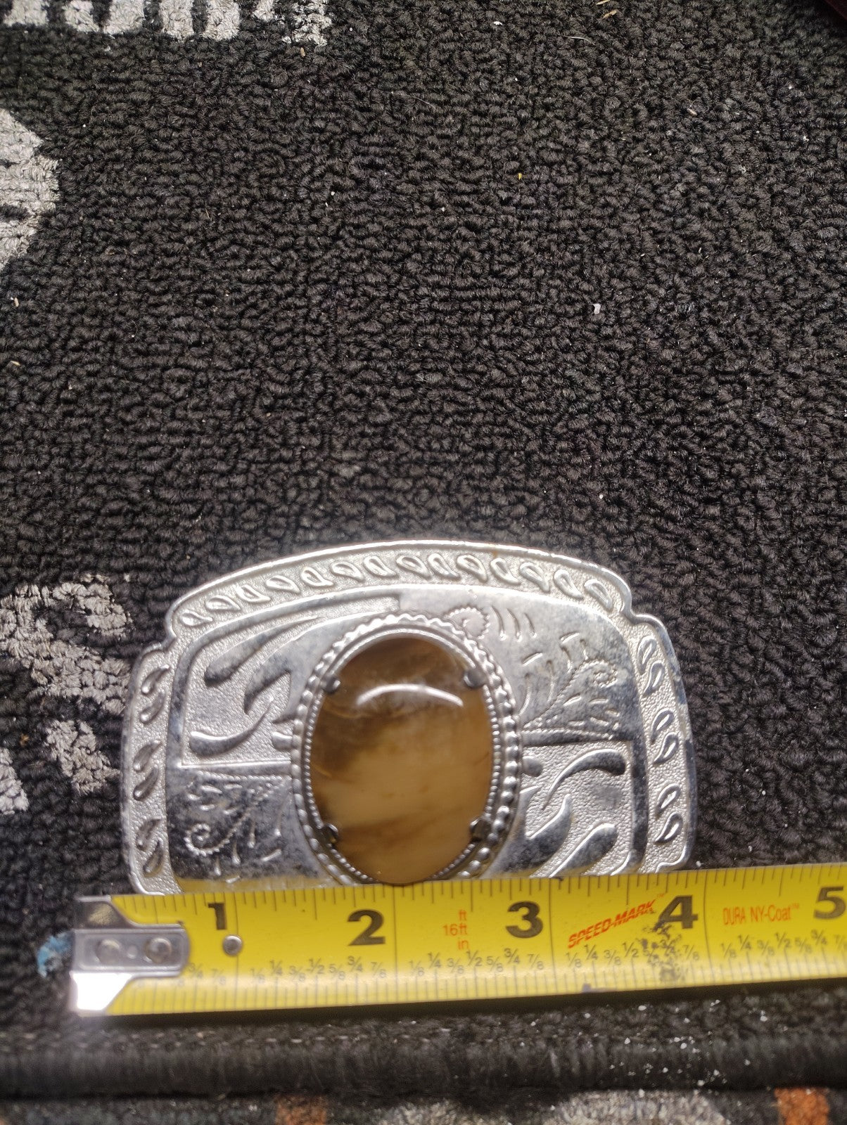 Vintage Western Belt Buckle Silver Tone Amber Gold Cabochon Scroll Engraved