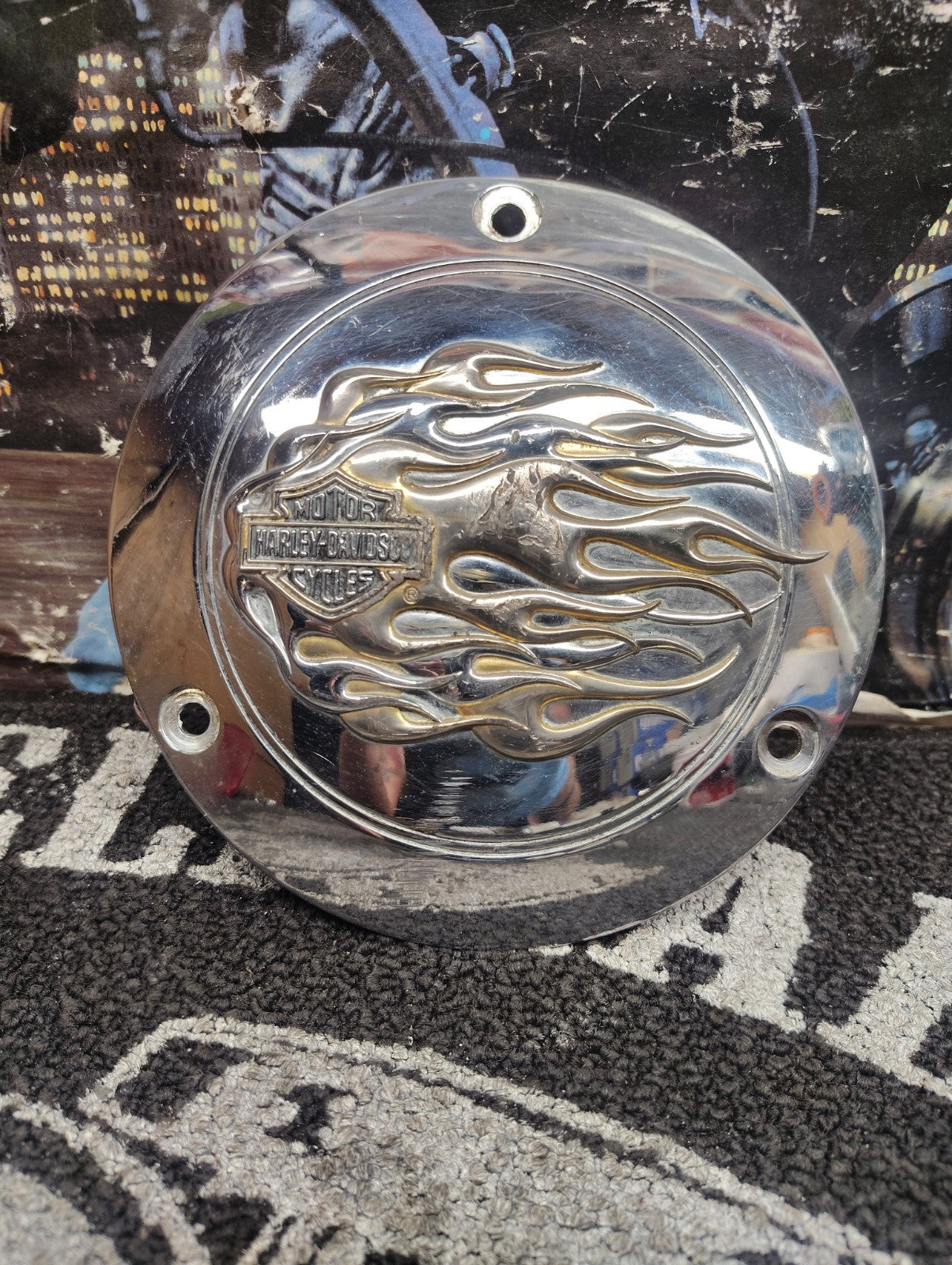 Custom Chrome Derby Cover Flames Harley-Davidson Big Twin FLH FLT FX 1965-1998