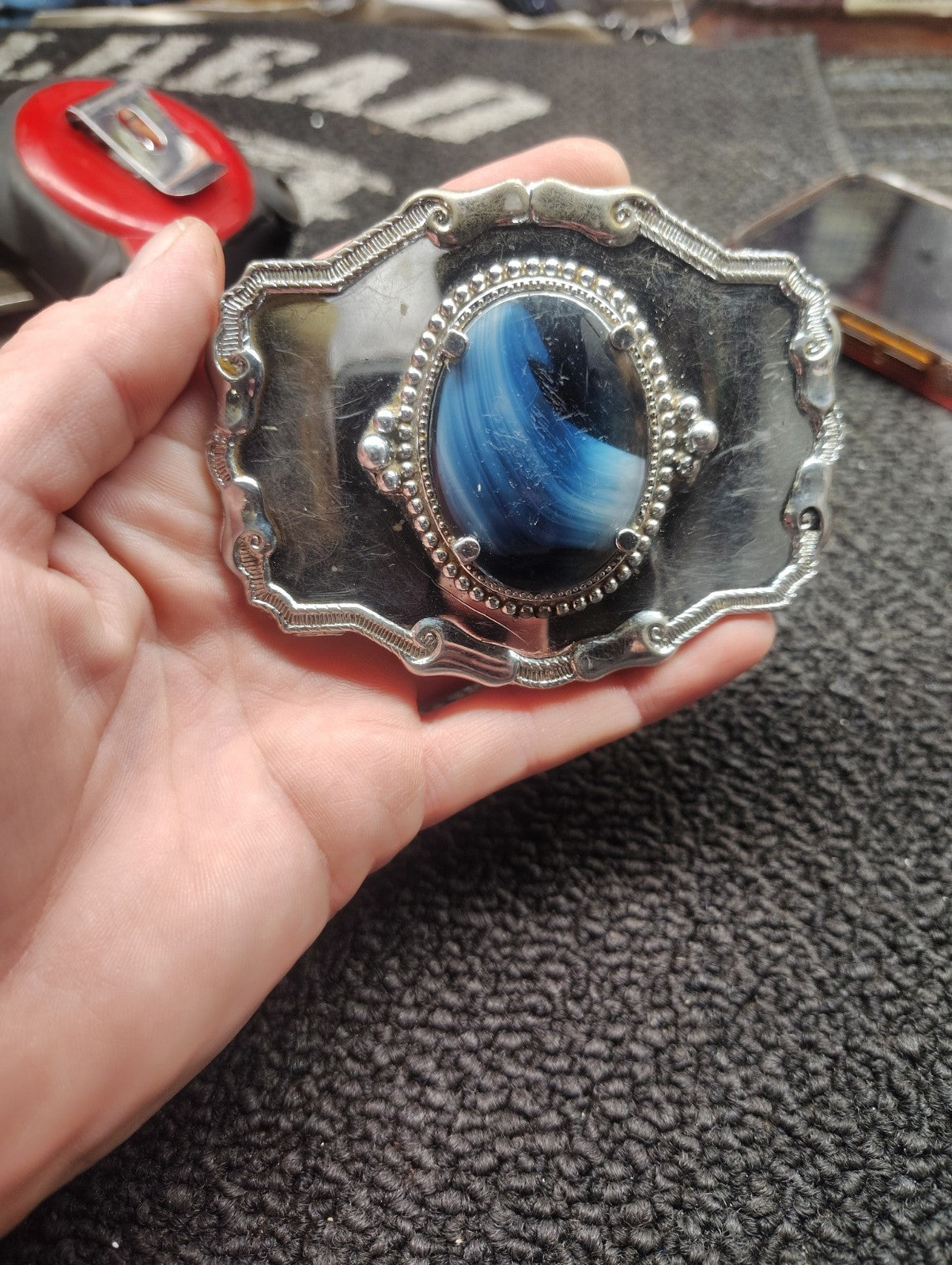 Vintage Western Style Belt Buckle Silver Tone Blue Cabochon Stone