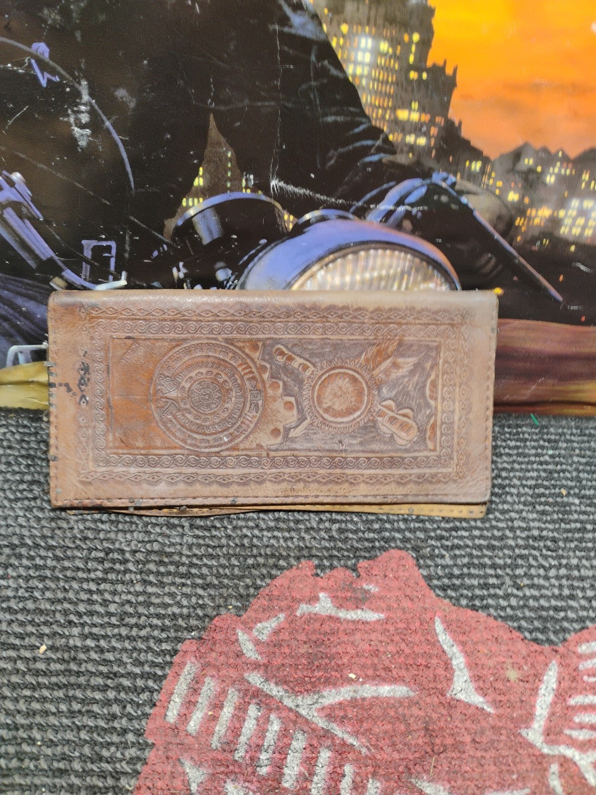 Vintage Mexican Leather checkbook, wallet Aztec design