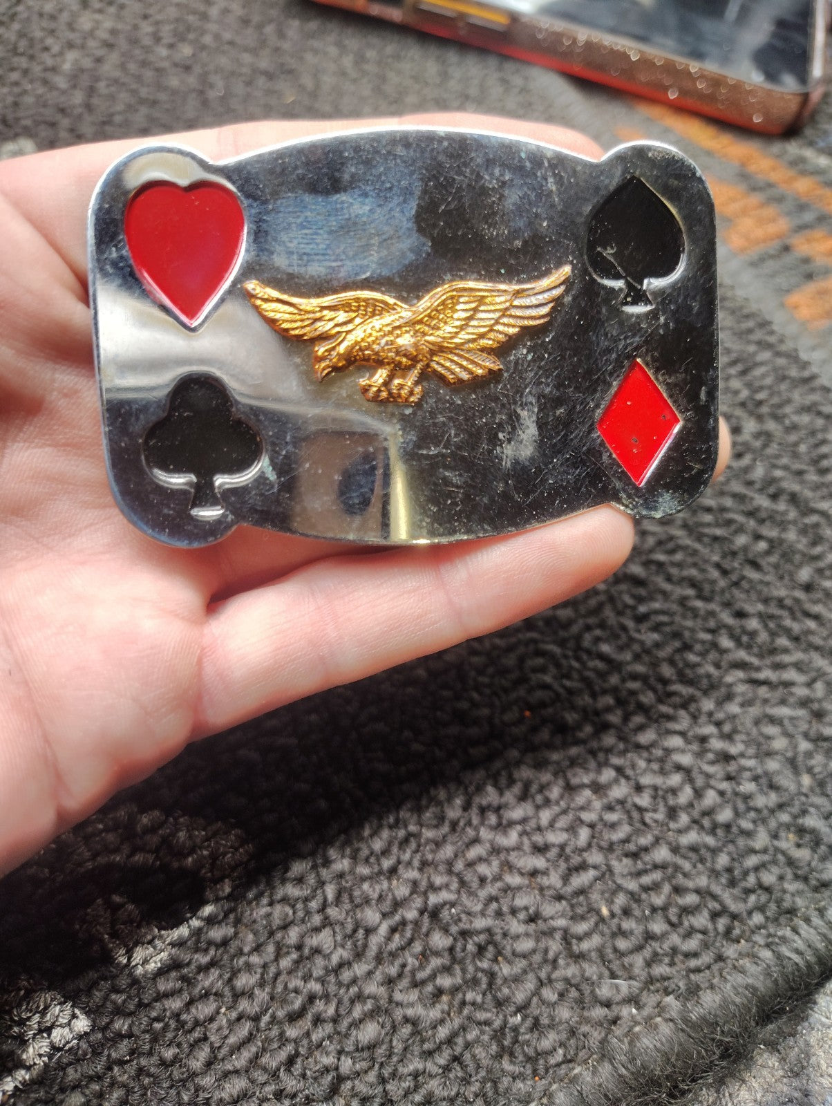 Vintage Playing Card Belt Buckle Eagle Hearts Clubs Spades Diamonds