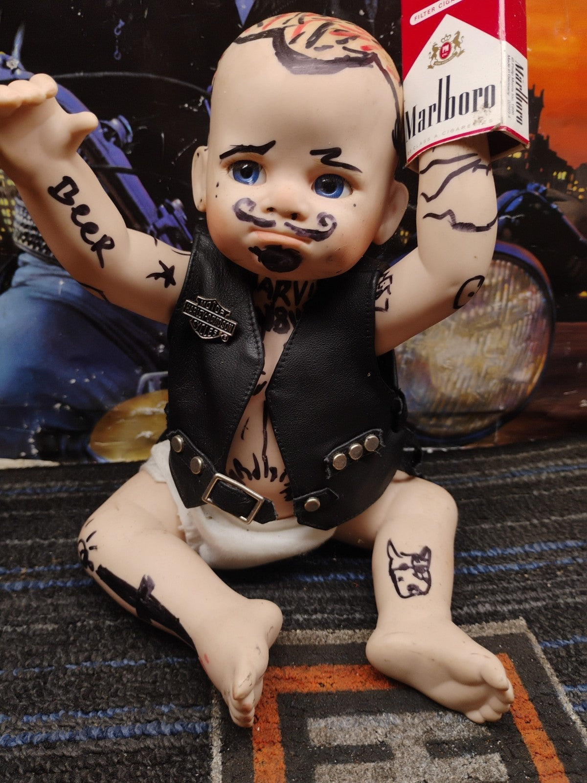 Harley Davidson Jarvis Porcelain Doll "Bobby" With Life like Tattoos And Smokes