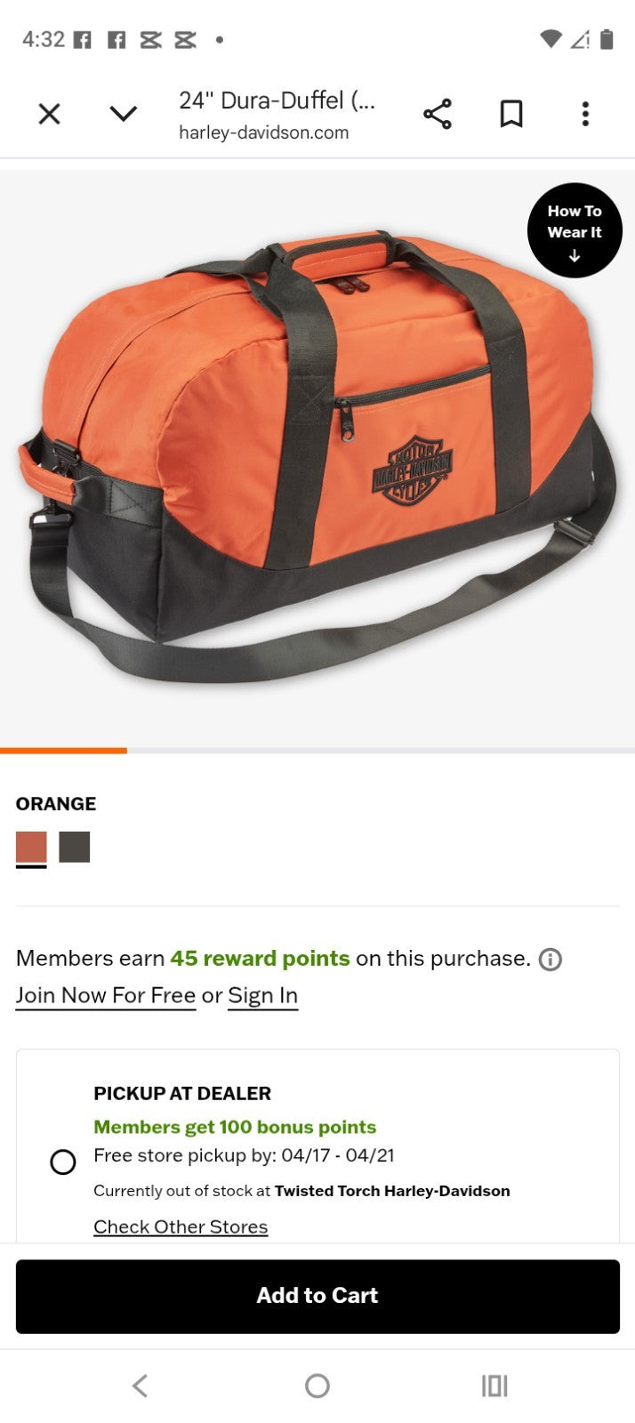 Harley Davidson Rugged High Density Nylon Dura-Duffel 24"  ORANGE NWT
