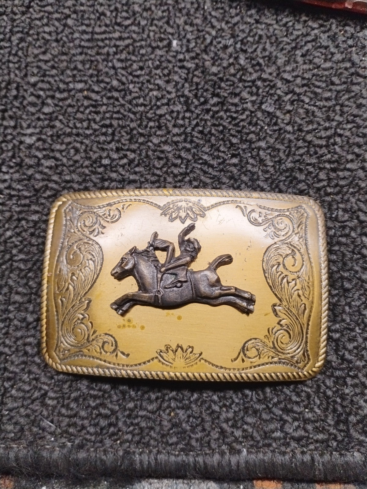 Vintage Western Cowboy Horse Rider Belt Buckle Brass Tone Rectangular