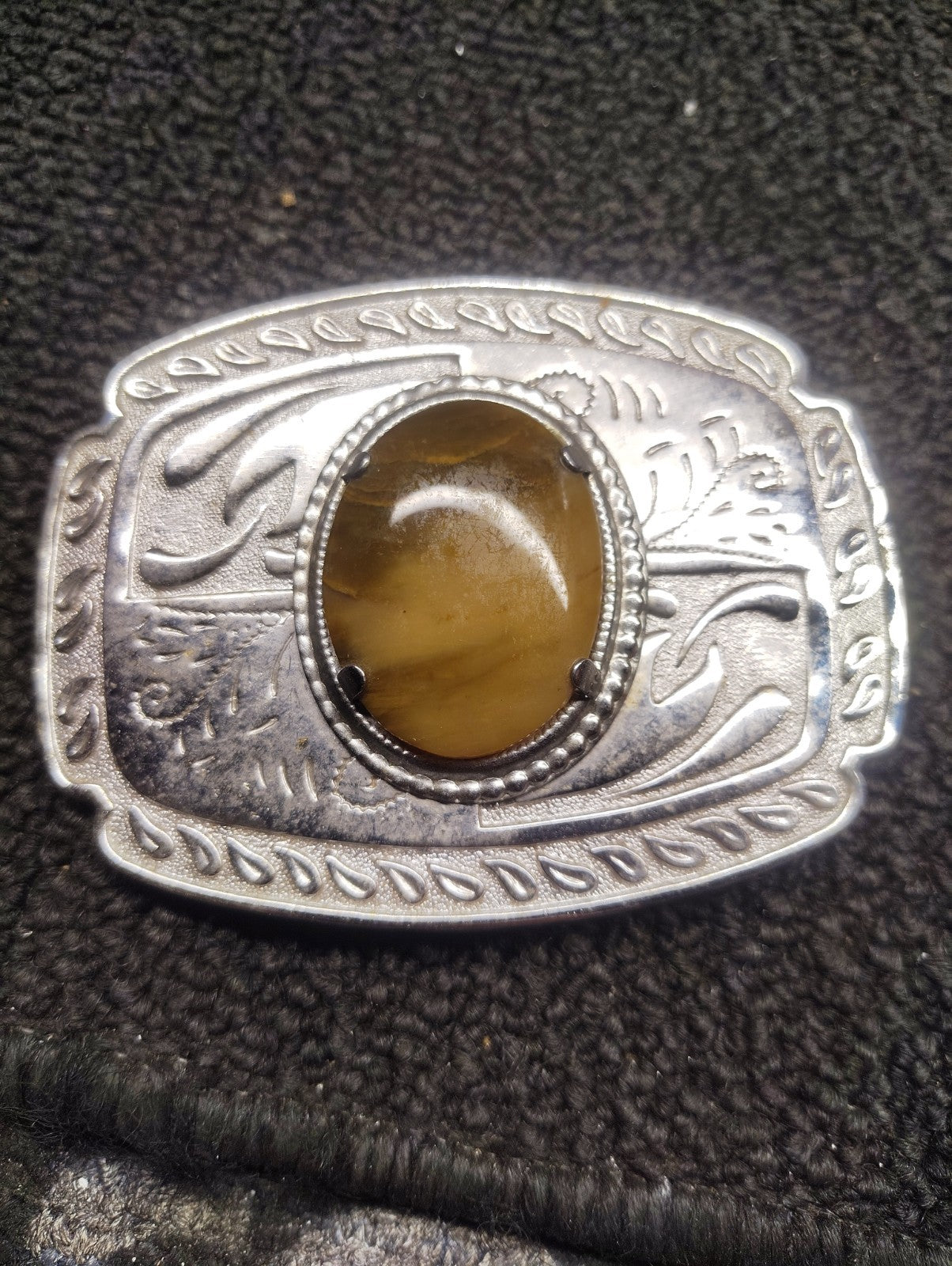 Vintage Western Belt Buckle Silver Tone Amber Gold Cabochon Scroll Engraved