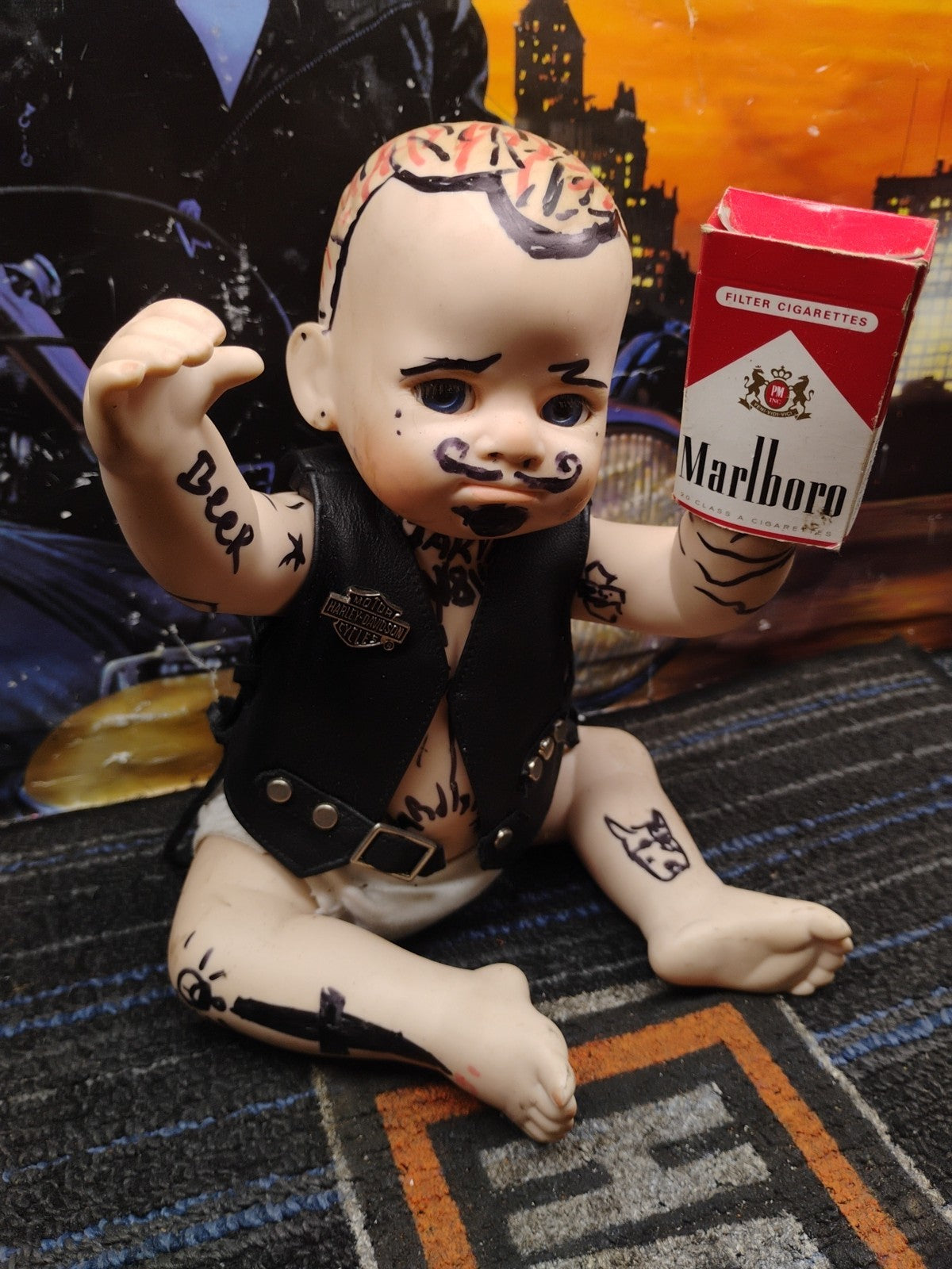 Harley Davidson Jarvis Porcelain Doll "Bobby" With Life like Tattoos And Smokes