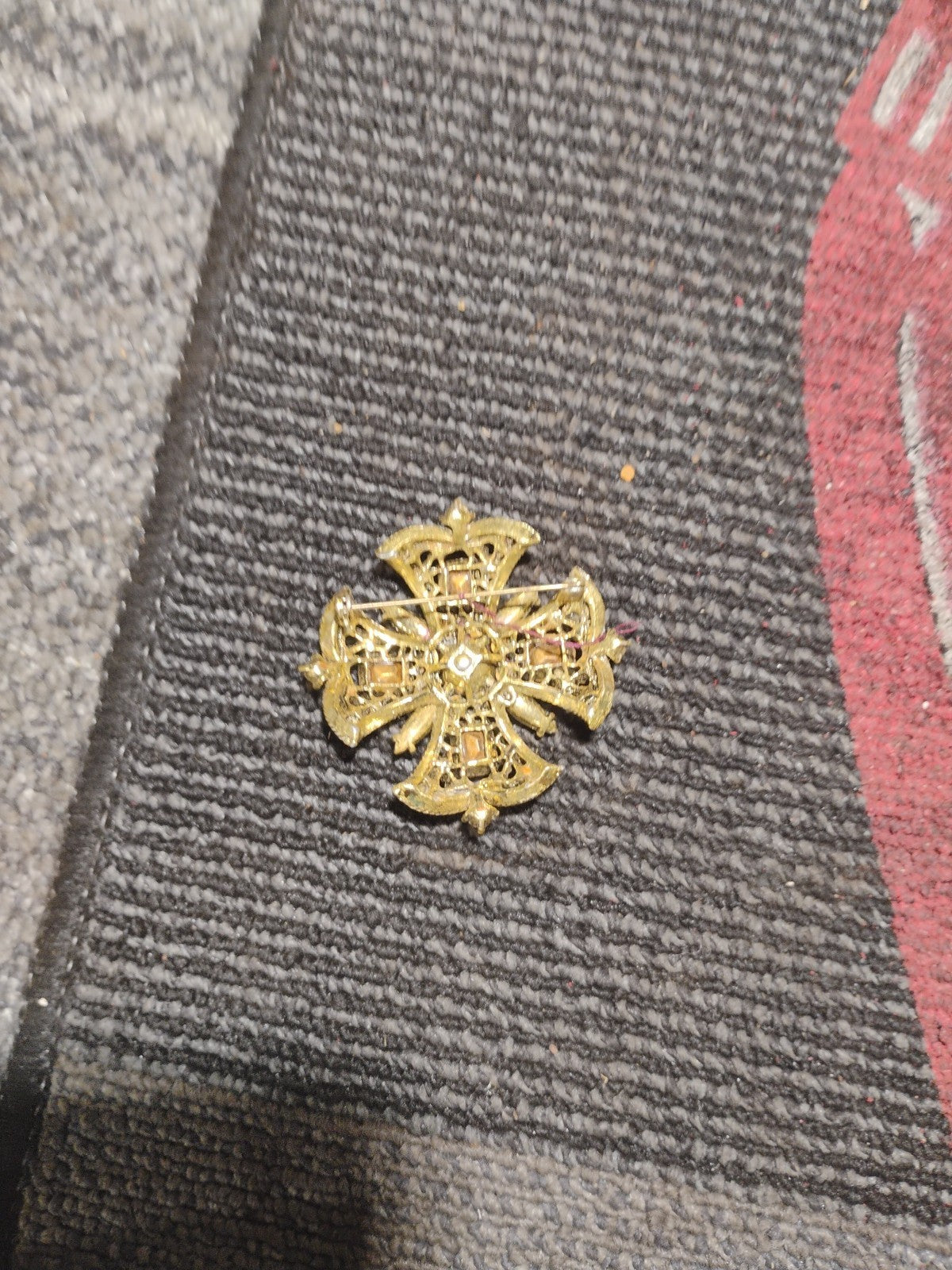 Vintage  "Regal Splendor" Olivine & Orange Brown Rhinestone Maltese Cross Brooch