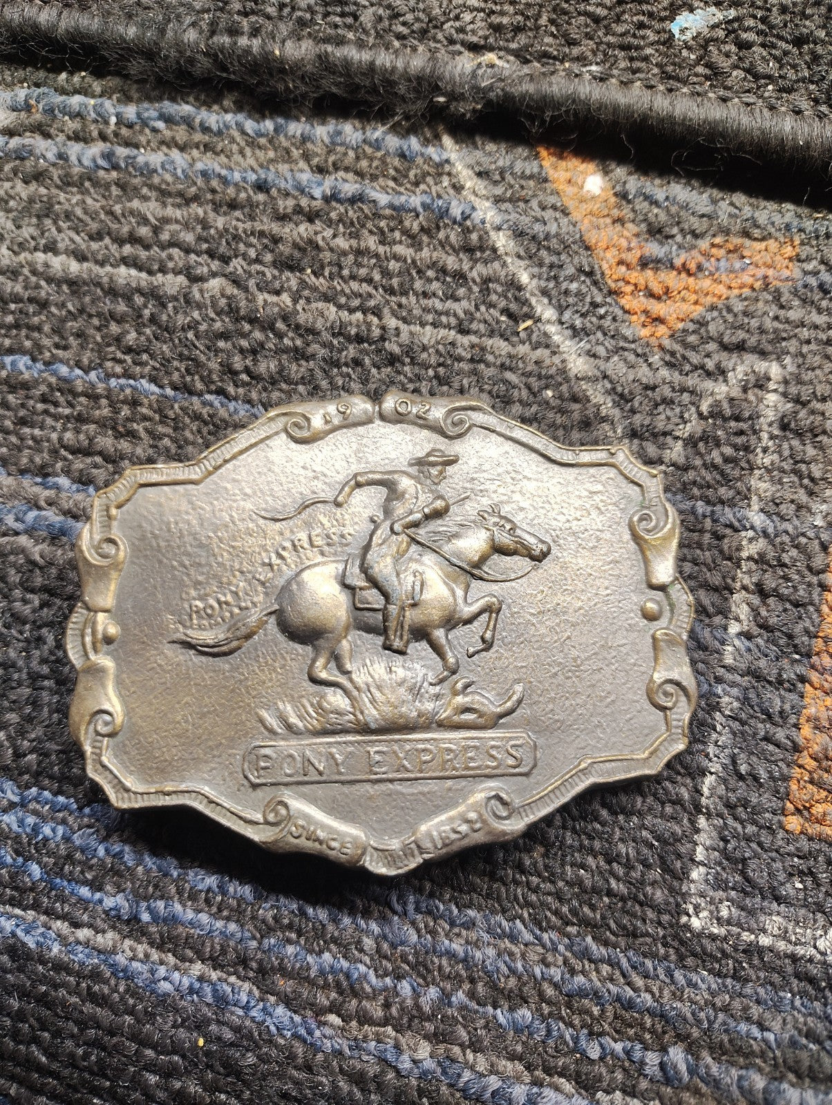 Vintage Pony Express Belt Buckle Horse Rider Western Silver Tone 1902