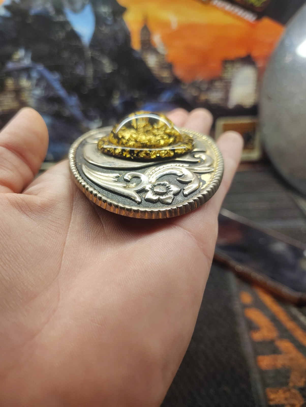 Vintage Western Belt Buckle Silver Tone Gold Nugget Cabochon Oval