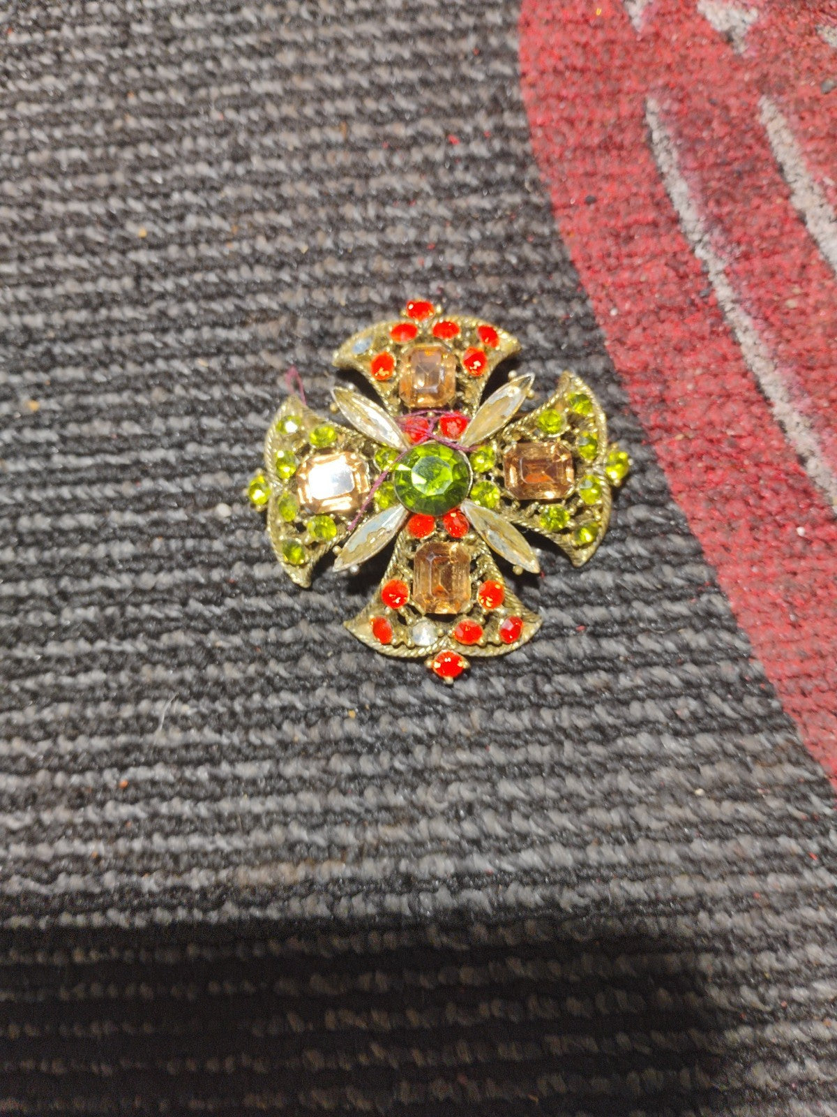 Vintage  "Regal Splendor" Olivine & Orange Brown Rhinestone Maltese Cross Brooch
