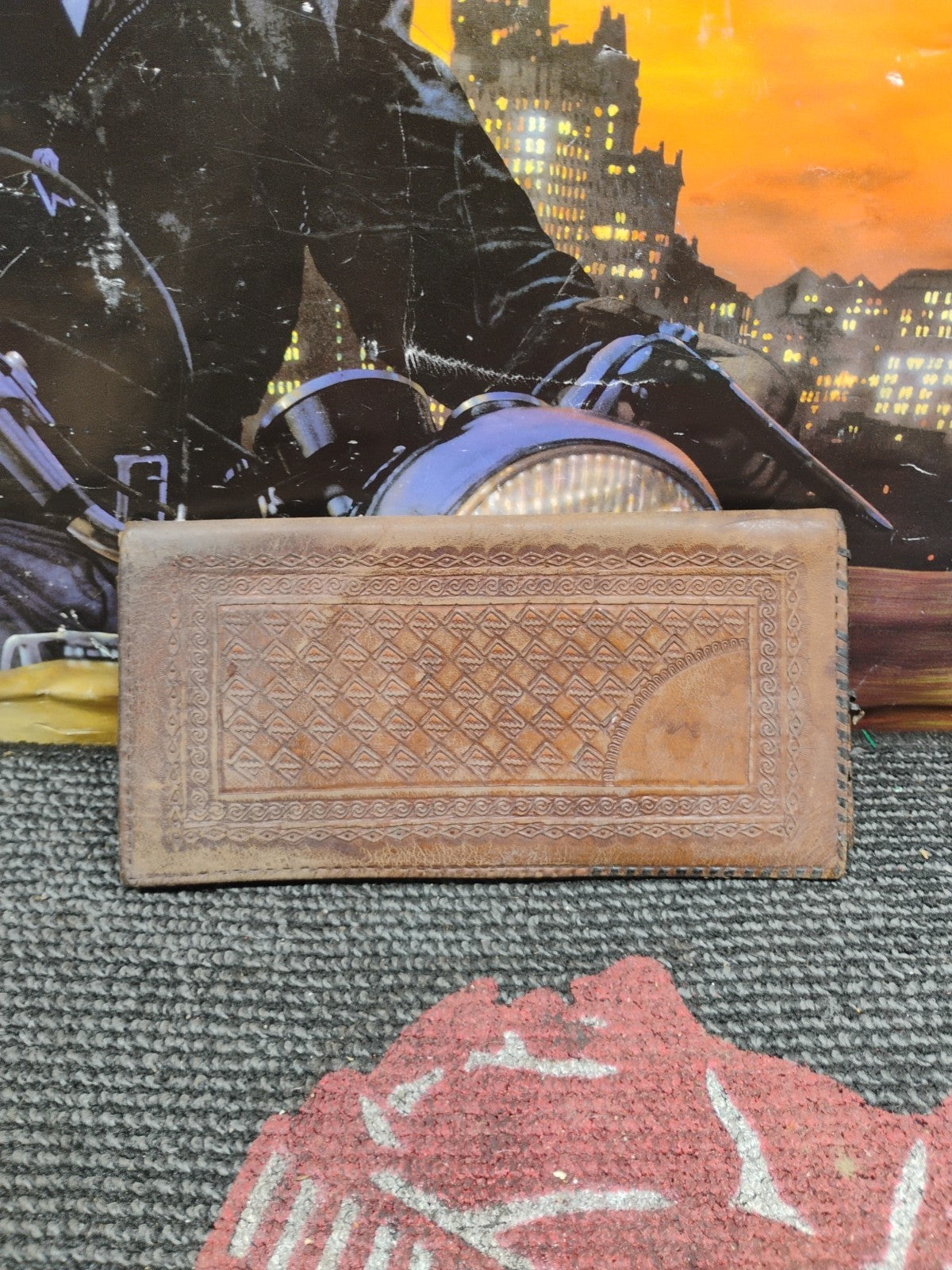 Vintage Mexican Leather checkbook, wallet Aztec design