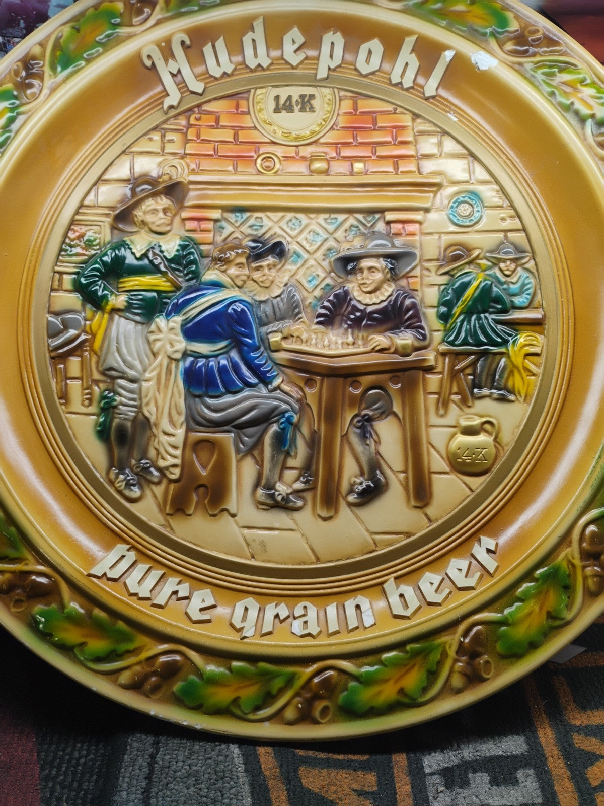 Vintage 21” Hudepohl Pure Grain Beer Chalkware Sign