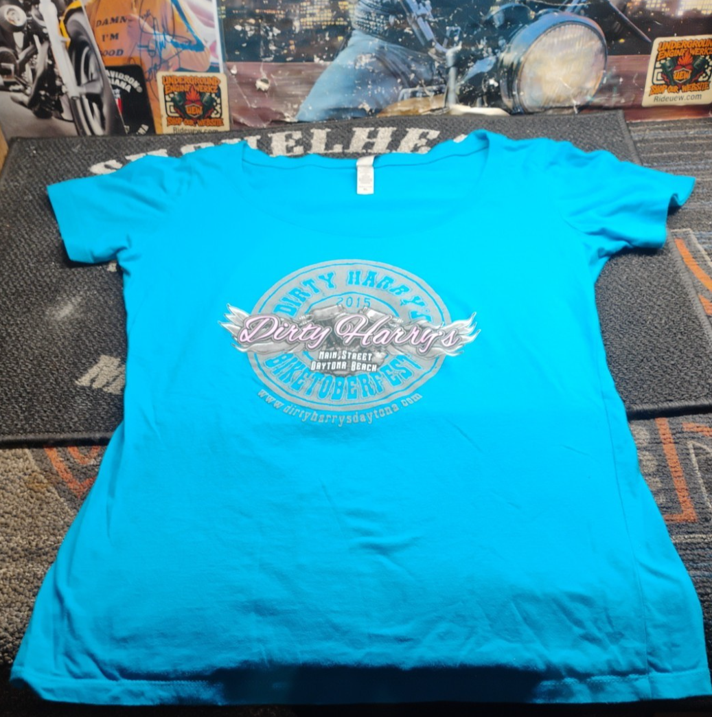 Women's XL Dirty Harry's Biketoberfest 2015 Daytona Beach Florida T-Shirt Blue