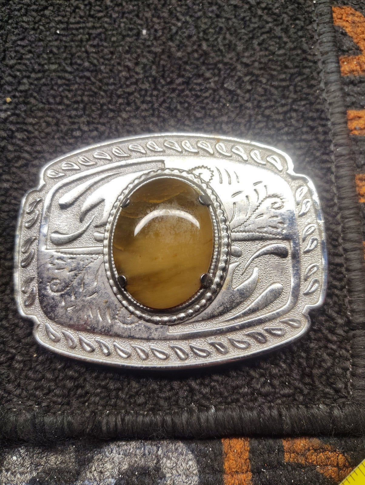Vintage Western Belt Buckle Silver Tone Amber Gold Cabochon Scroll Engraved