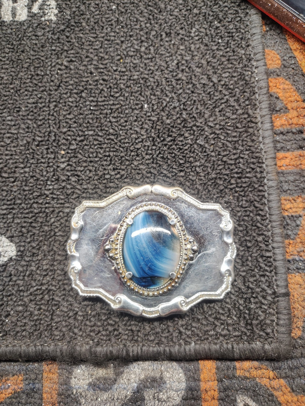 Vintage Western Style Belt Buckle Silver Tone Blue Cabochon Stone