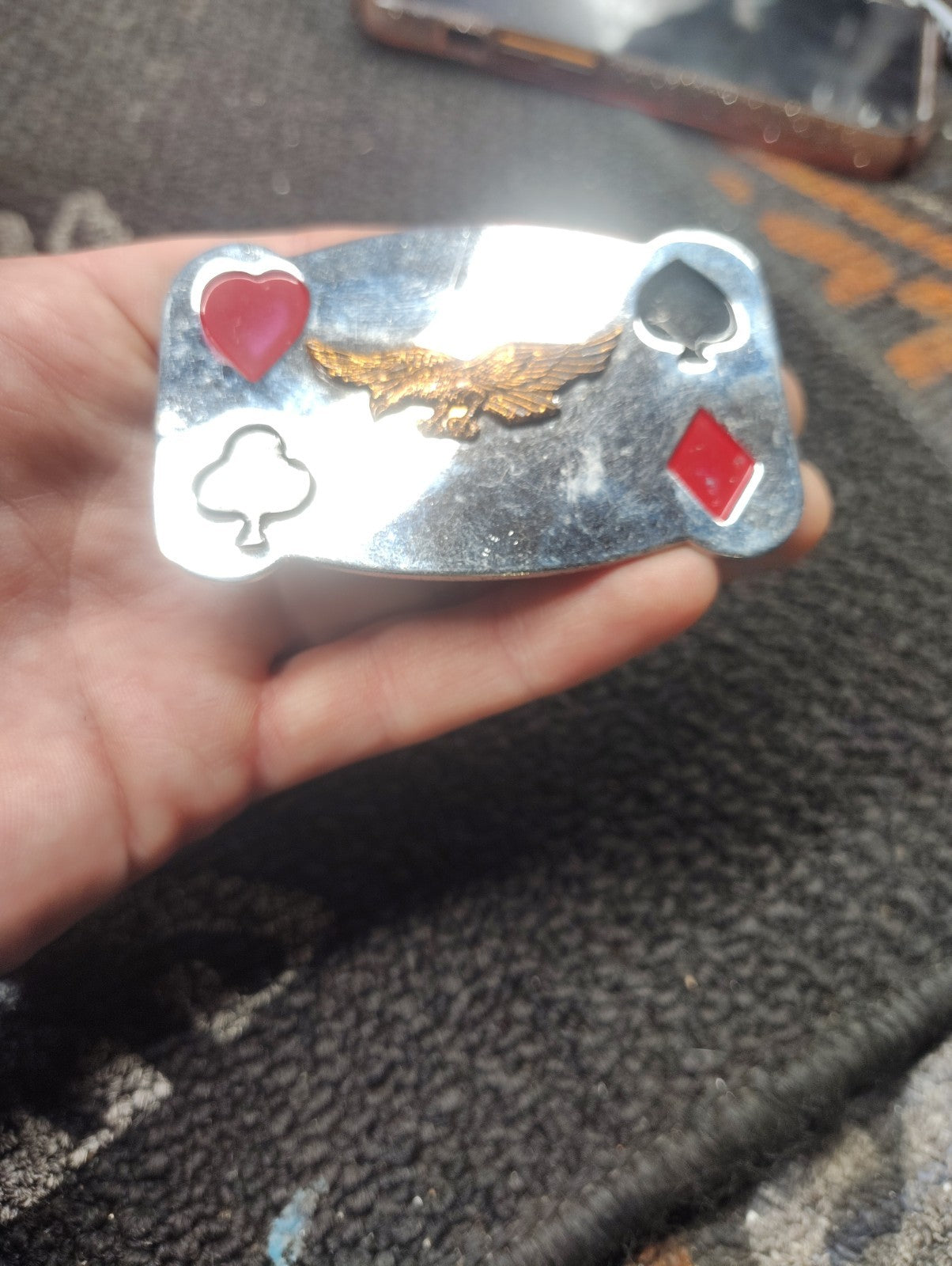 Vintage Playing Card Belt Buckle Eagle Hearts Clubs Spades Diamonds