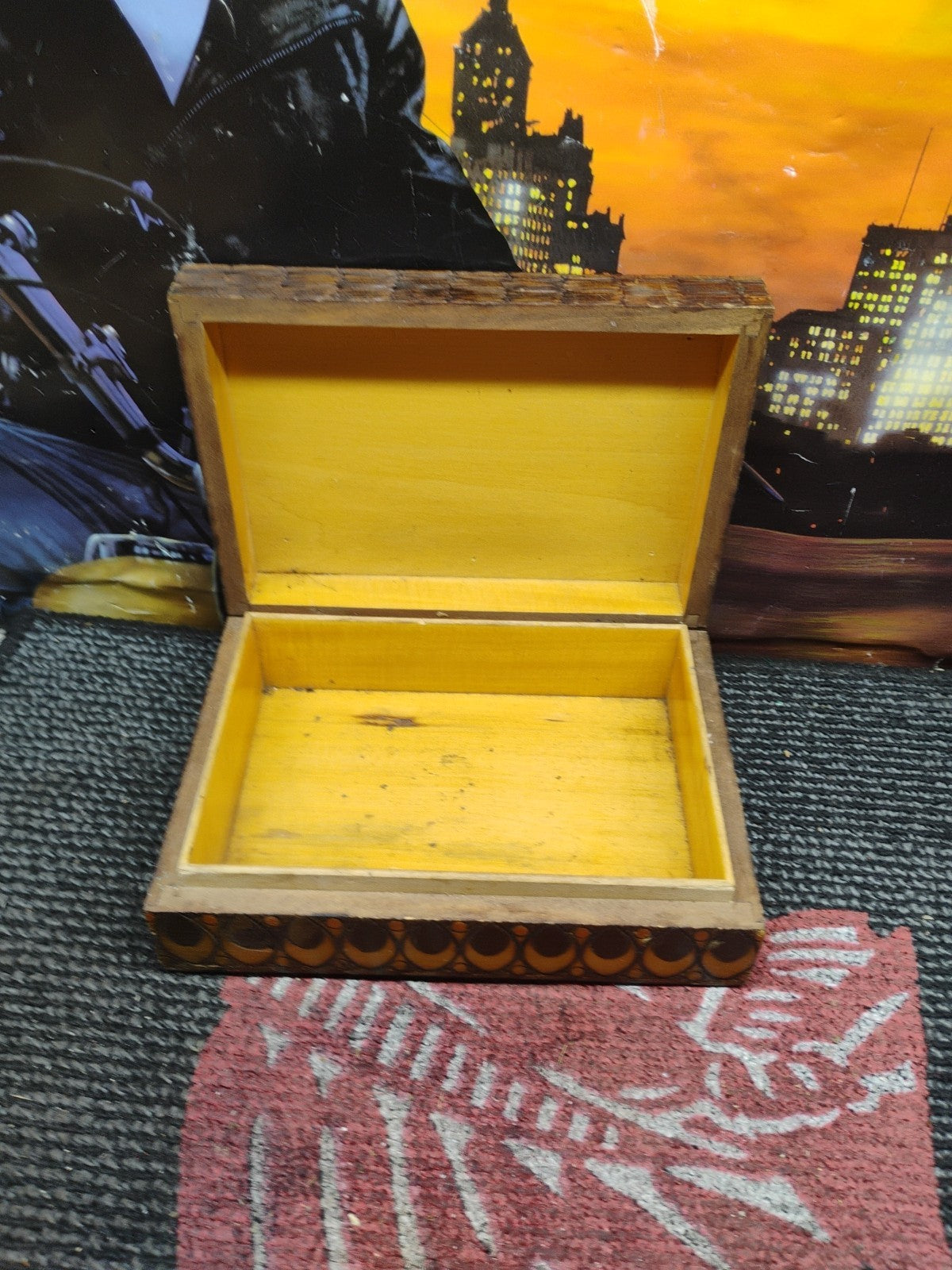 Vintage Polish Pyrography Wood Burned Folk Art Box Hinged Lid- Medallion Pattern