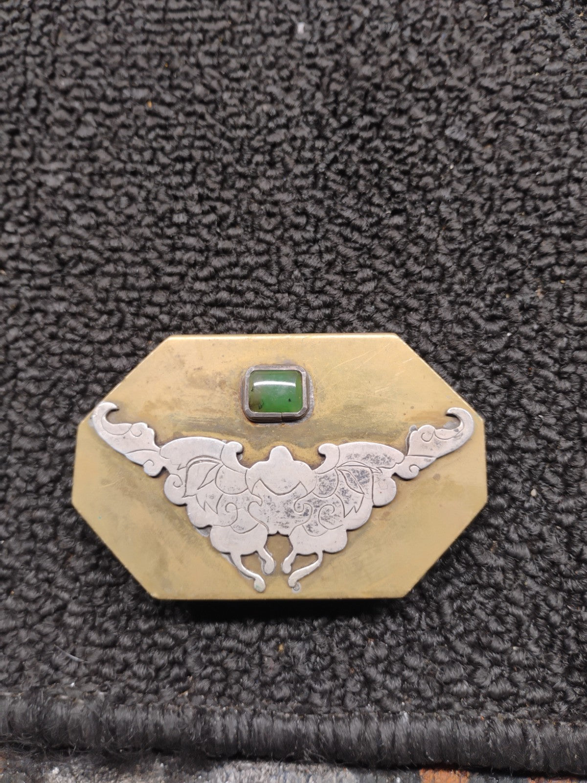 Vintage Western Belt Buckle Green Stone Two Tone Engraved Boho Southwest