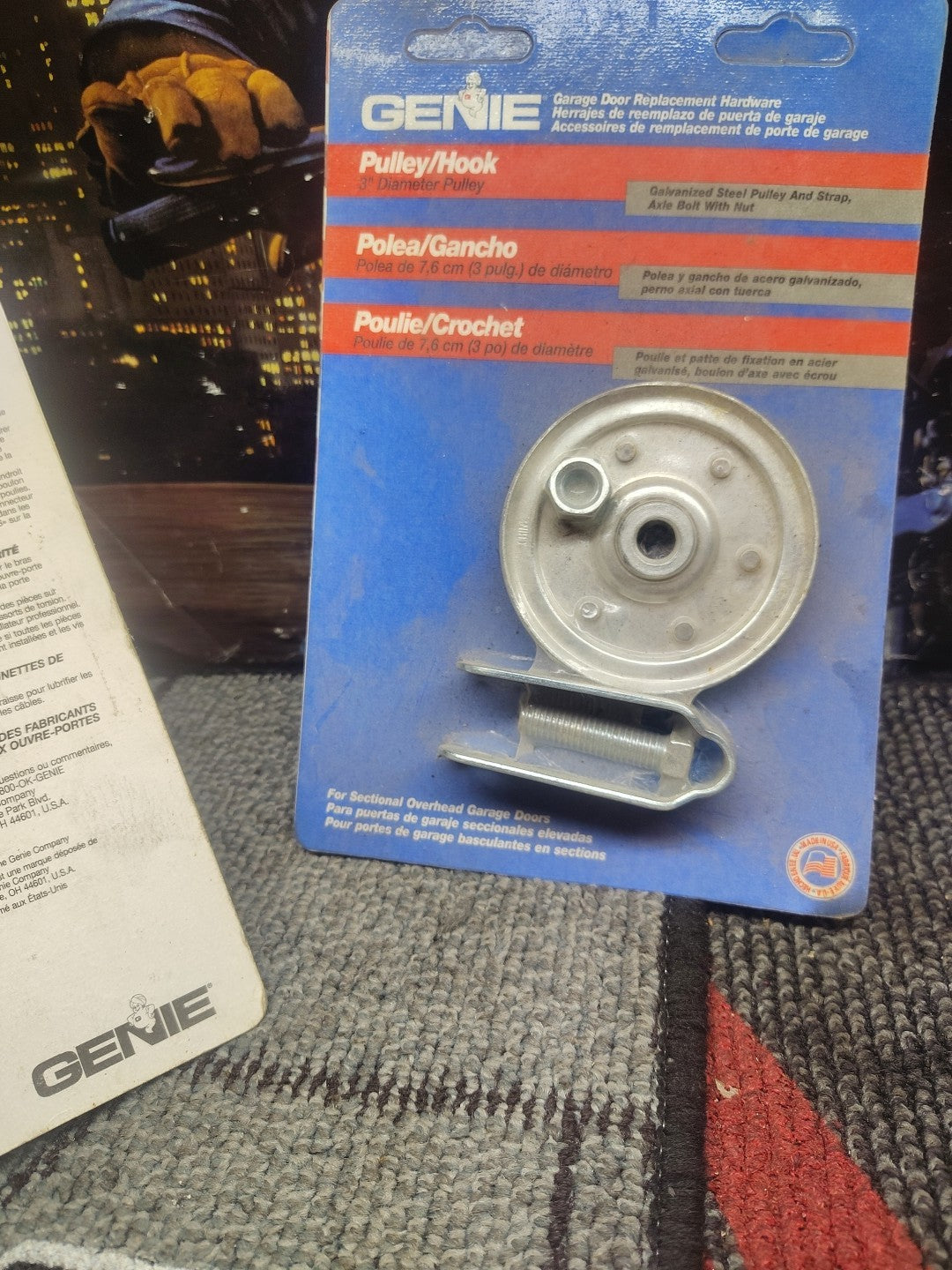 Genie 3" pulley Garage Door Pulley/Hook galvanized steel pulley Strap Axle bolt