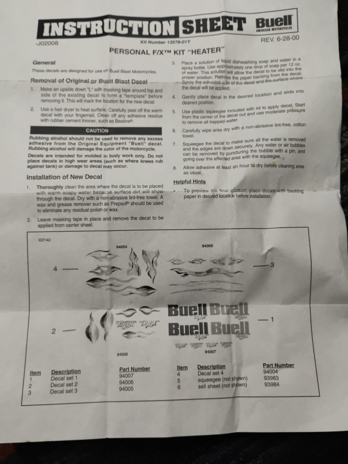 NOS OEM Buell Blast Personal FX "Heater" Decal Kit 13578-01Y Complete