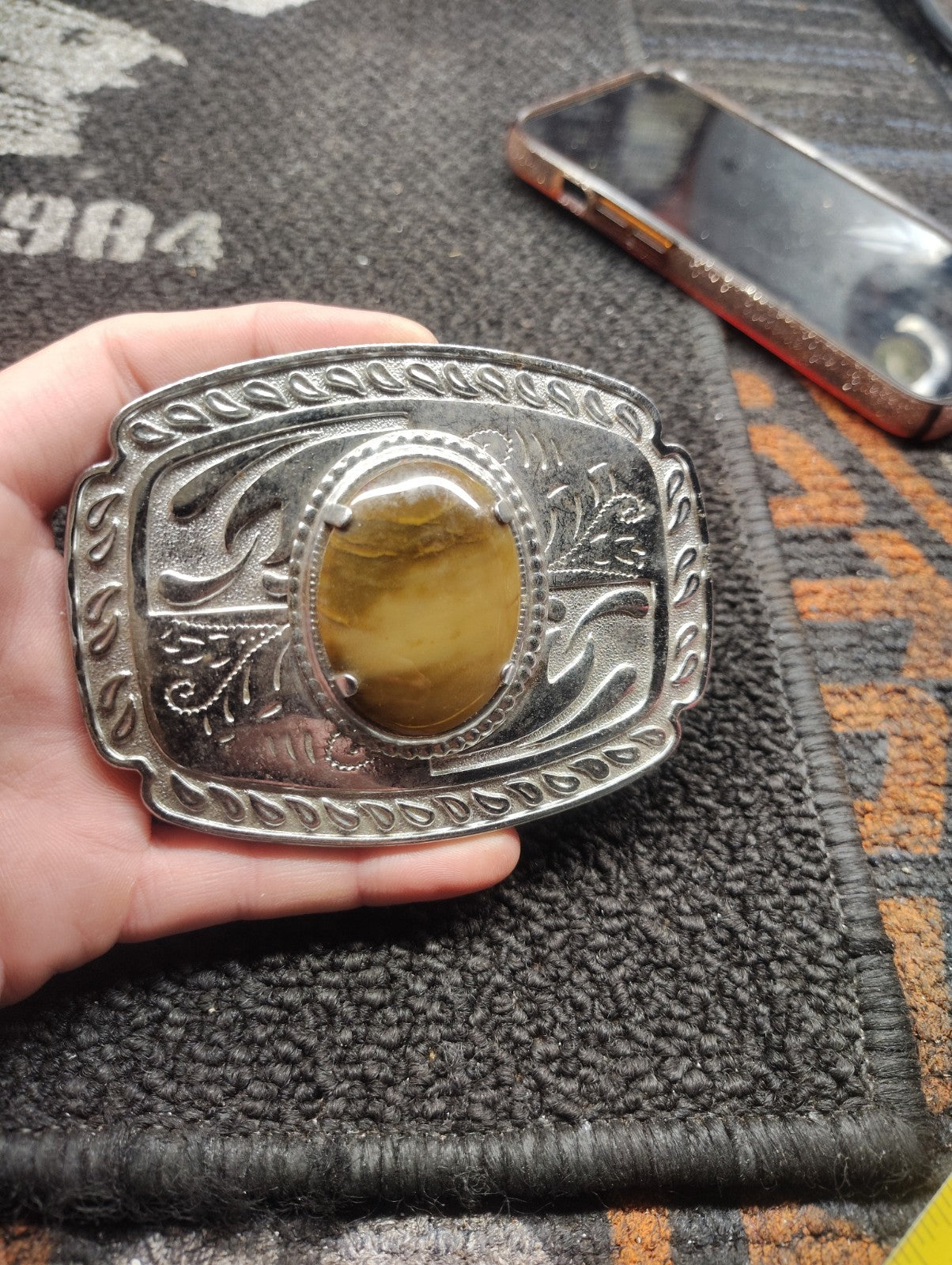 Vintage Western Belt Buckle Silver Tone Amber Gold Cabochon Scroll Engraved