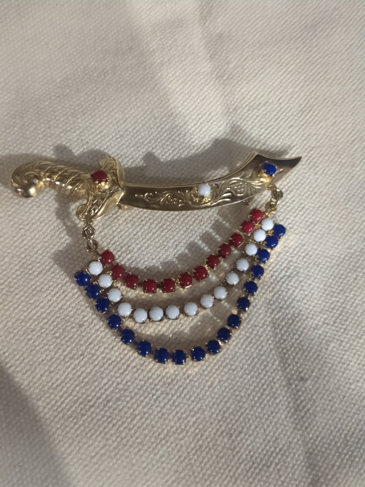 Vtg Brooch Pin Pirate Sword Glass Cabochon Swag Patriotic Red White Blue Jewelry