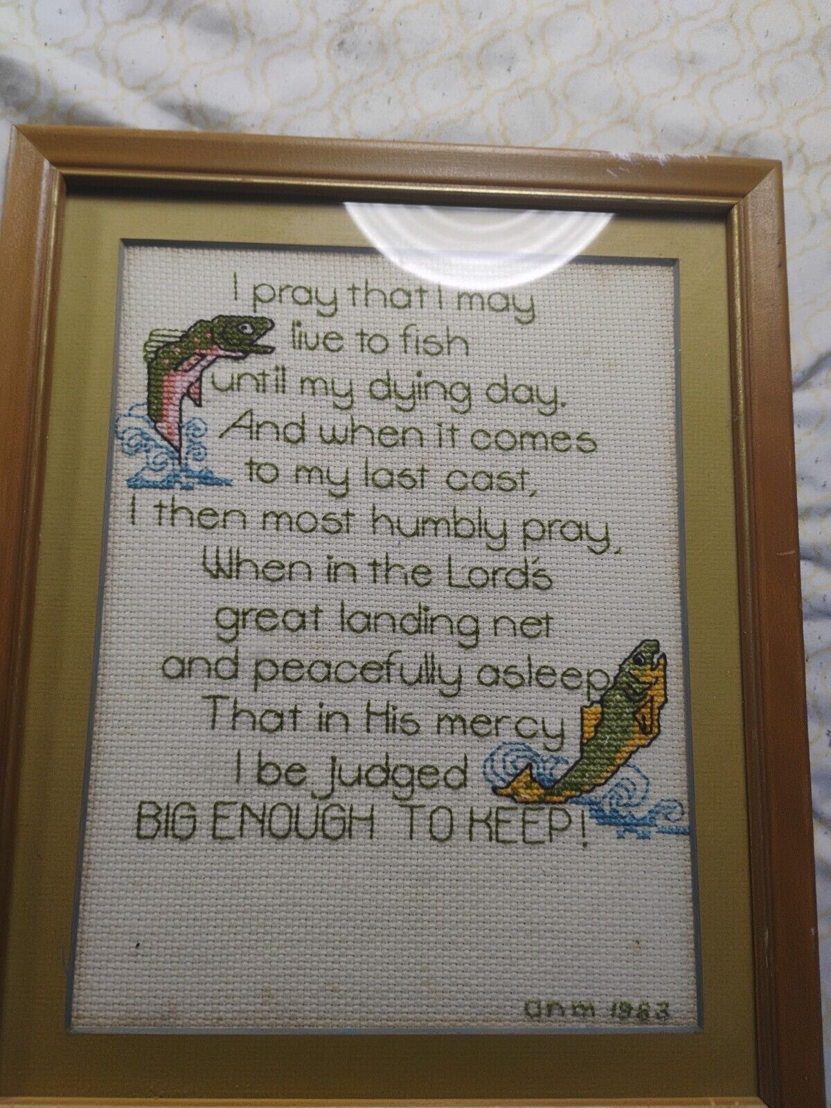 Framed"Fisherman's Prayer" Embroidered Picture Handmade 12-1/2" X 10-3/4" 