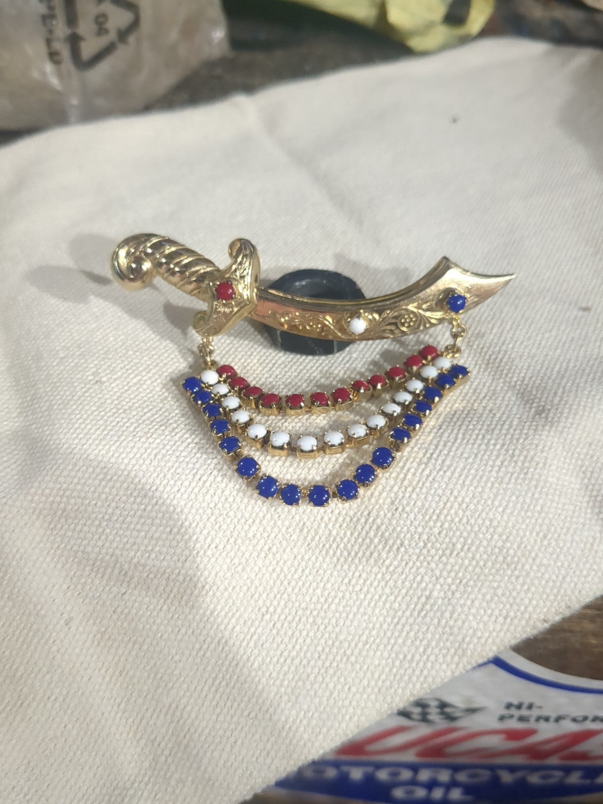 Vtg Brooch Pin Pirate Sword Glass Cabochon Swag Patriotic Red White Blue Jewelry