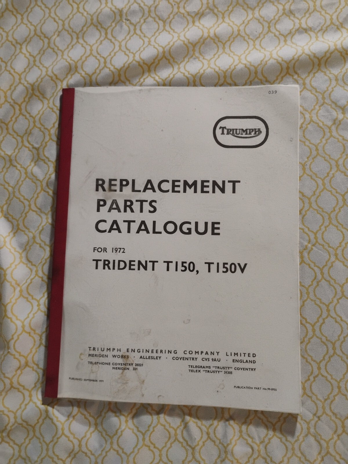 Triumph Parts Manual Book 1972 Trident T150 & Trident T150V